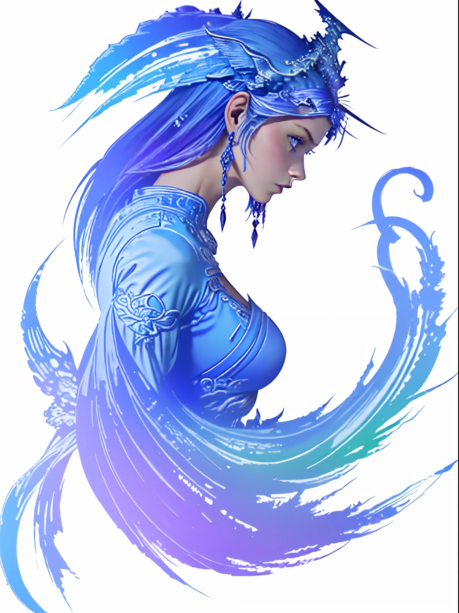 fflogo, white background, simple coloring, blue and purple gradient, masterpiece, best quality, intricate details, 1girl, solo, stunning warrior female, dainty, elegant, prim, proper, swirling magic, green eyes, side profile, full body,