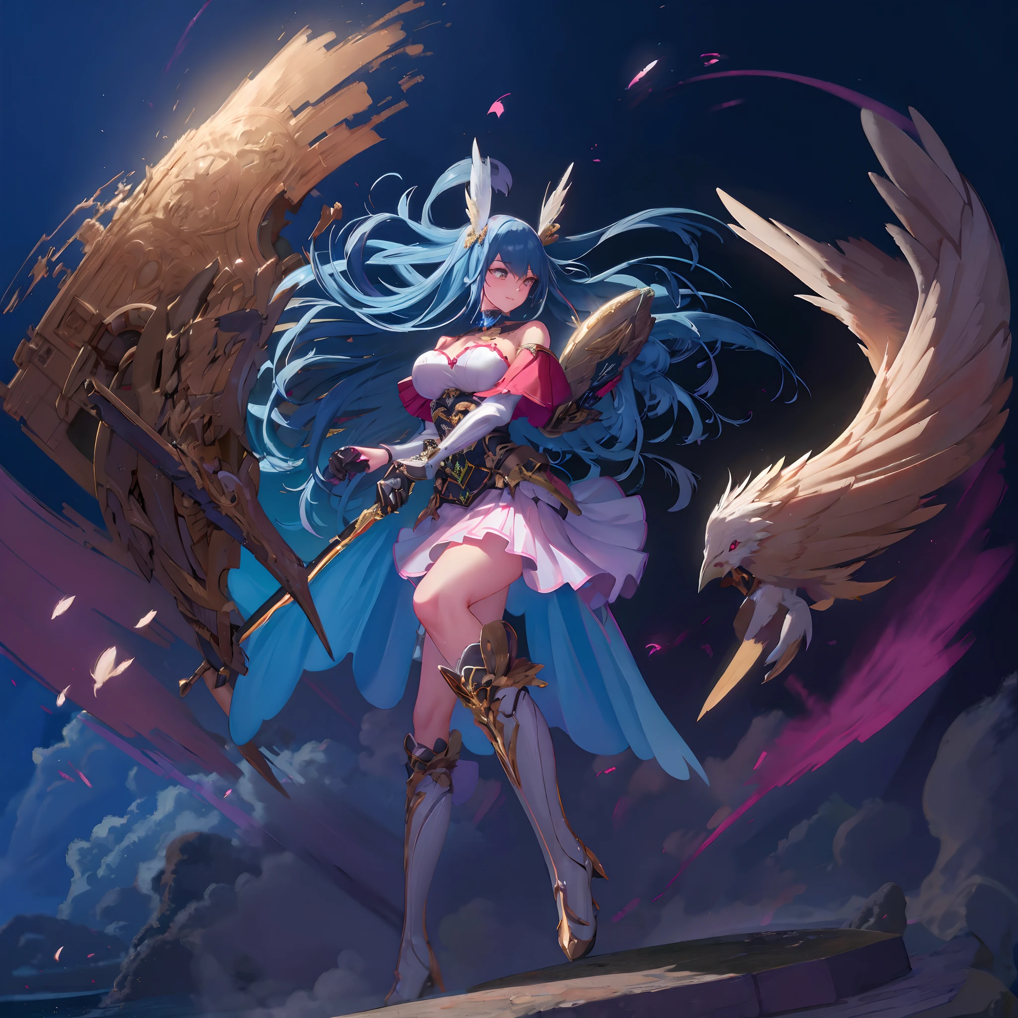 (((8K,masutepiece,Best Quality))), maxiskit, dress conservatively 1 girl, Solo, Full body, wide shoot,BREAK、(((Cute angel flying in the blue sky))), Fantasy, Big Angel Wings, Big smile, Blue long wavy hair, Blue hair, Delicate eyes, beautifullydetailedbackground, BREAK、(Above the clouds in the blue sky), (2 large feathers:1.3), Lens Flare,Anime girl with angel wings and sword in hand, anime goddess, goddess of Japan, cushart krenz key art feminine, angel knight girl, Seductive Anime Girl, beautiful alluring anime woman, anime fantasy artwork, high detailed official artwork, marin kitagawa fanart, anime fantasy illustration, beautiful celestial mage, Very detailed ArtGerm, Detailed Digital Anime Art((Super best quality)), ((A very masterpiece)), ((super detailing:1.4)), ((hyper realistic lifelike 3d)), Dragon Warrior Girl, Mechanical body, Dynamic action poses in battle scenes, Mechanical weapons of very complex and heavy fighters, Off-the-shoulder fashion that blends dense and complex steampunk with dense gothic ta, Complex steampunk headgear, very thin long legs, Mechanical boots above the knee, Fluttering lace flared mini skirt, beautiful small breasts directed upwards,Somewhat long, Vertically curly silver hair fluttering in the wind,Countless shining large spheres flying around,Many sparks cross and fly,Countless neon signs rained down from magic-evoking gestures,Steampunk Factory,Complex and precise mechanical ruins,Very dark night background,Very dramatic and cinematic lighting。