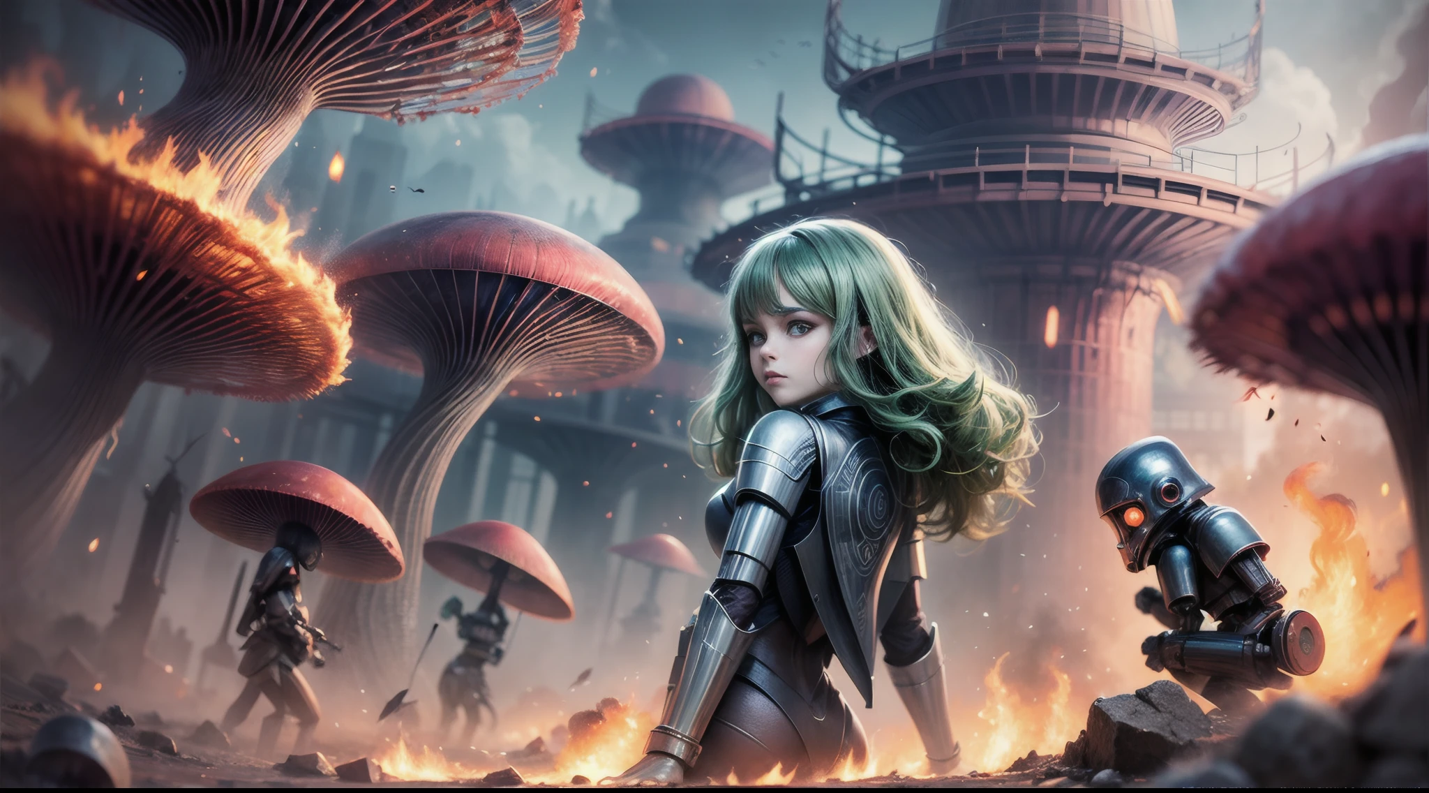cute big eyes translucent green mushroom droids and a beautyfull girl,virus fight the droids,by Daniel Merriam, Nikolina Petolas, Peter Gric, Dariusz Klimcza full colors, hair backlighting, back lighting, volumetric lighting, 8K, perfect eyes, perfect pupils, expressive eyes, hands by Albrecht Durer, smoke, particle fx, mist, fog, fire, explosions, debris,