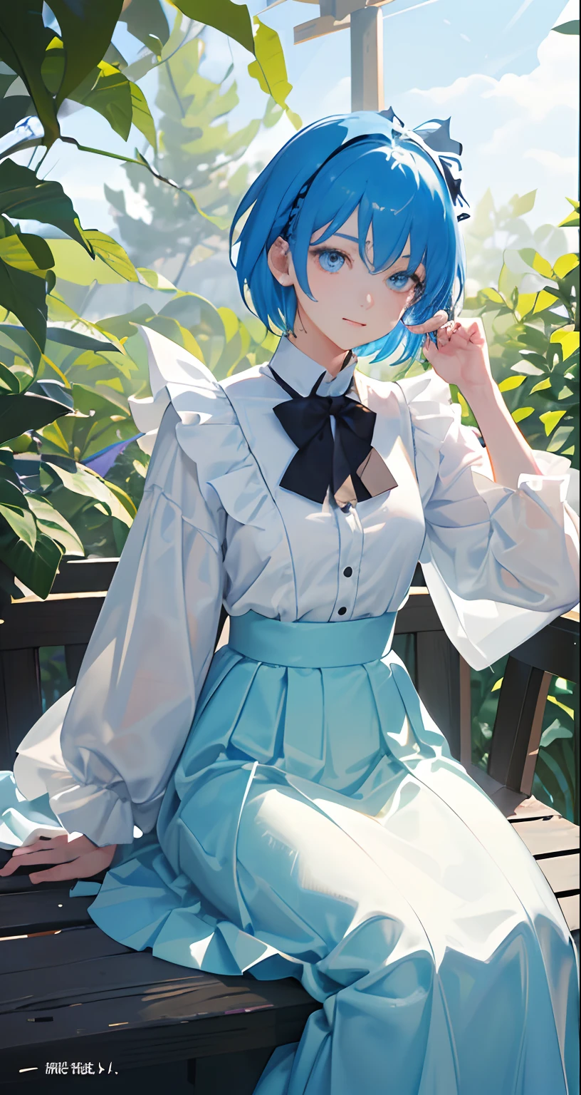 masterpiece、top-quality、Movie stills、One girl、、(a closeup:1.1)、with light glowing、Happiness、A delightful、Soft lighting、(Bauhaus、form、Line、abstracted:1.1)Gilji Blue Hair Short Hair、butterflys々、Black long skirt((masterpiece)), deadpan, (((top-quality))), ((illustratio)),
1girl in,, ((独奏)), (详细的脸), (Beautiful details), Bright eye, blue eyess, ((dishevled hair)),
A smile、blank stare、sitting on、((Facing to the side))、
Bow Tie Hair Band、Black transparent skirt、noble、Mystical、
Bright background、clouds、naturey、Sunshine through the leaves、butterflys、a river、write、
(magazine:1.1), (cover-style:1.1), Fashionable, femele, with a vibrant, outfits, the pose, the front, Colorful, Dynamic, Background with, element, I'm confident, expresive, ngel, statement, accessorized, An majestic, coiled, surroundings, Touch, The scene, Texto, covers, It's bold, captures the attention, Titles, Stylish, Catchy, headline, The large, Impressive, moderno, Trendy, Focus, lo fashion,Gilji Bluehair Shorthair、Gilji Blue Hair Short Hair
