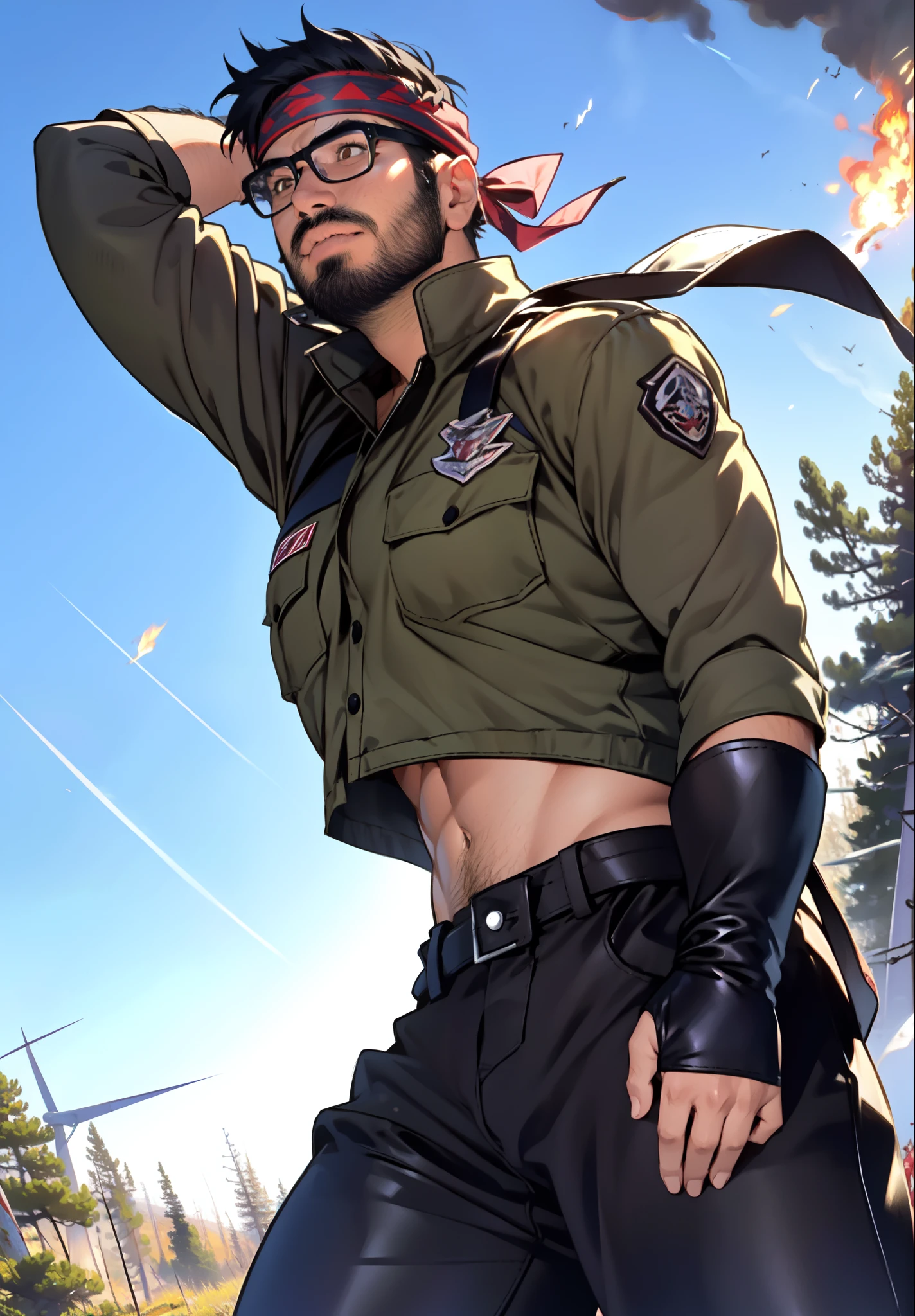 David, male, short black hair, glasses, brown eyes, black beard, muscular, wearing crop top, leather pants, combat boots, tribal headband, fingerless leather gauntlets, by Hirohiko Araki, windy day, in a Forrest, fire blowing in the wind, sparks, wind effects, wind lines,