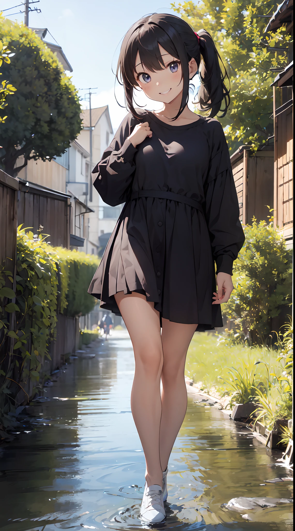 Background with: The center of the tin colony。 A stream flows in the distance、The silent scenery that you can hear。
人物: Teenage transparent girl。Hairstyle is bob、Hair color is black、Hair quality is wavy。
Facial expressions and eyes: Happy smiling face、Eyes are brown、Realistic and complex eyes。
garments: Pastel dress。White flat shoes。
Poses：While picking tin flowers、Walking forward。
effect: The focus is on the girl and the tin plucked。
styles: Real Taste
Special elements：hightquality、Inner peace、masterwork、Real Stick、「The Coming of Happiness」Motifs of