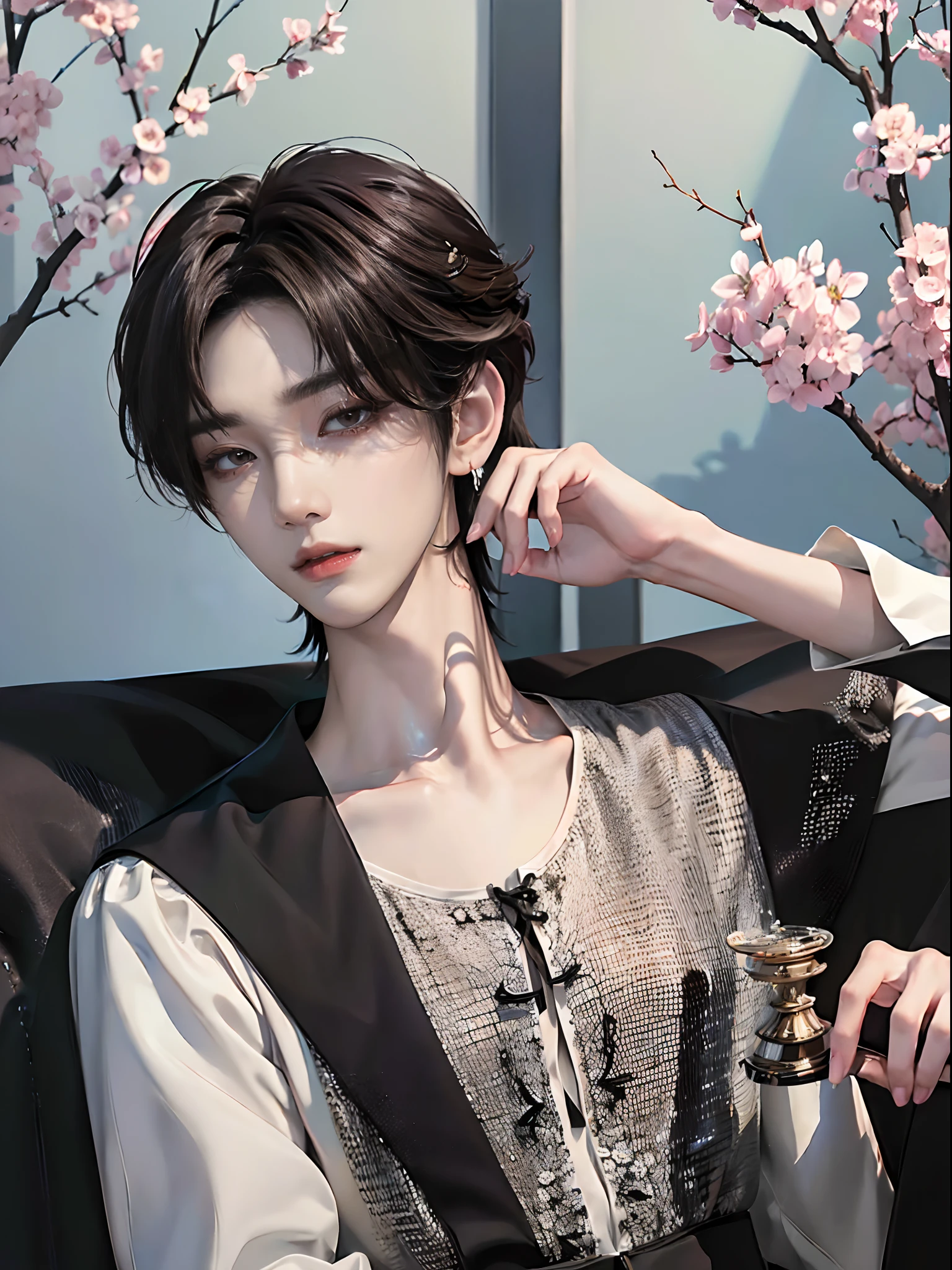 ((4K works))、​masterpiece、（top-quality)、((high-level image quality))、One Manly Boy、Slim body、((Black Gothic fashion))、(Detailed beautiful eyes)、((Model Magazines))、Face similar to Chaewon in Ruseraphim、((short hair above the ears))、((Smaller face))、((Neutral face))、((Light brown eyes))、((Korean boy))、((18year old))、((Handsome man))、((A charming expression))、((Korean Makeup))、((elongated and sharp eyes))、((Photographed so that the whole body can be seen))、((Focus zoom out))、((Model Magazine Cover))、((model poses))、((Model photo))、Professional Photos、((Magazine covers))
