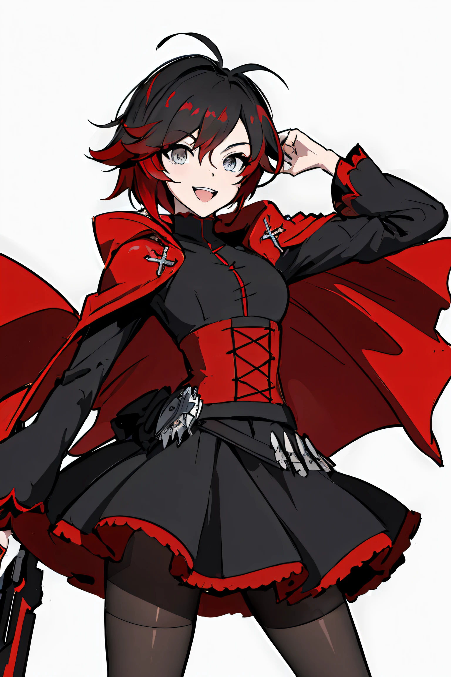 (absurdres, 8k, 4k, masterpiece, hyper extreme detailed:1.2), ((masterpiece,best quality)), absurdres, Ruby_RWBY, solo, looking at viewer, smiling, ruby rose, black dress, long sleeves, red cape, pantyhose,