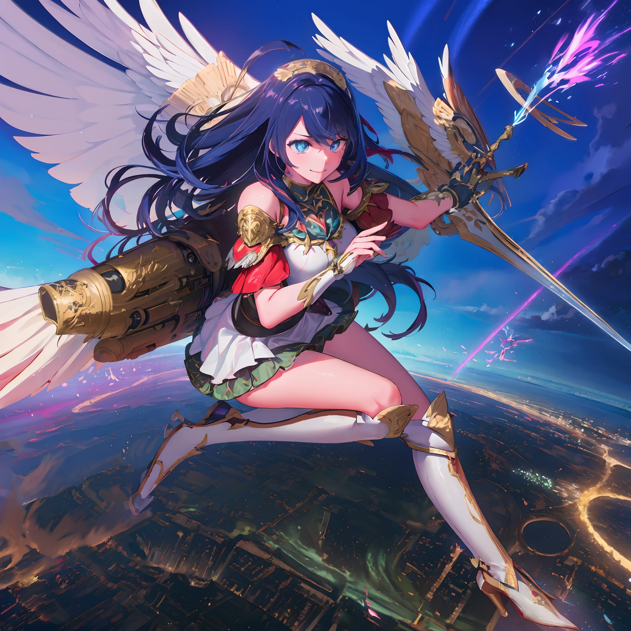 (((8K,masutepiece,Best Quality))), maxiskit, dress conservatively 1 girl, Solo, Full body, wide shoot,BREAK、(((Cute angel flying in the blue sky))), Fantasy, Big Angel Wings, Big smile, Blue long wavy hair, Blue hair, Delicate eyes, beautifullydetailedbackground, BREAK、(Above the clouds in the blue sky), (2 large feathers:1.3), Lens Flare,Anime girl with angel wings and sword in hand, anime goddess, goddess of Japan, cushart krenz key art feminine, angel knight girl, Seductive Anime Girl, beautiful alluring anime woman, anime fantasy artwork, high detailed official artwork, marin kitagawa fanart, anime fantasy illustration, beautiful celestial mage, Very detailed ArtGerm, Detailed Digital Anime Art((Super best quality)), ((A very masterpiece)), ((super detailing:1.4)), ((hyper realistic lifelike 3d)), Dragon Warrior Girl, Mechanical body, Dynamic action poses in battle scenes, Mechanical weapons of very complex and heavy fighters, Off-the-shoulder fashion that blends dense and complex steampunk with dense gothic lolita, Complex steampunk headgear, very thin long legs, Mechanical boots above the knee, Fluttering lace flared mini skirt, beautiful small breasts directed upwards,Somewhat long, Vertically curly silver hair fluttering in the wind,Countless shining large spheres flying around,Many sparks cross and fly,Countless neon signs rained down from magic-evoking gestures,Steampunk Factory,Complex and precise mechanical ruins,Very dark night background,Very dramatic and cinematic lighting。