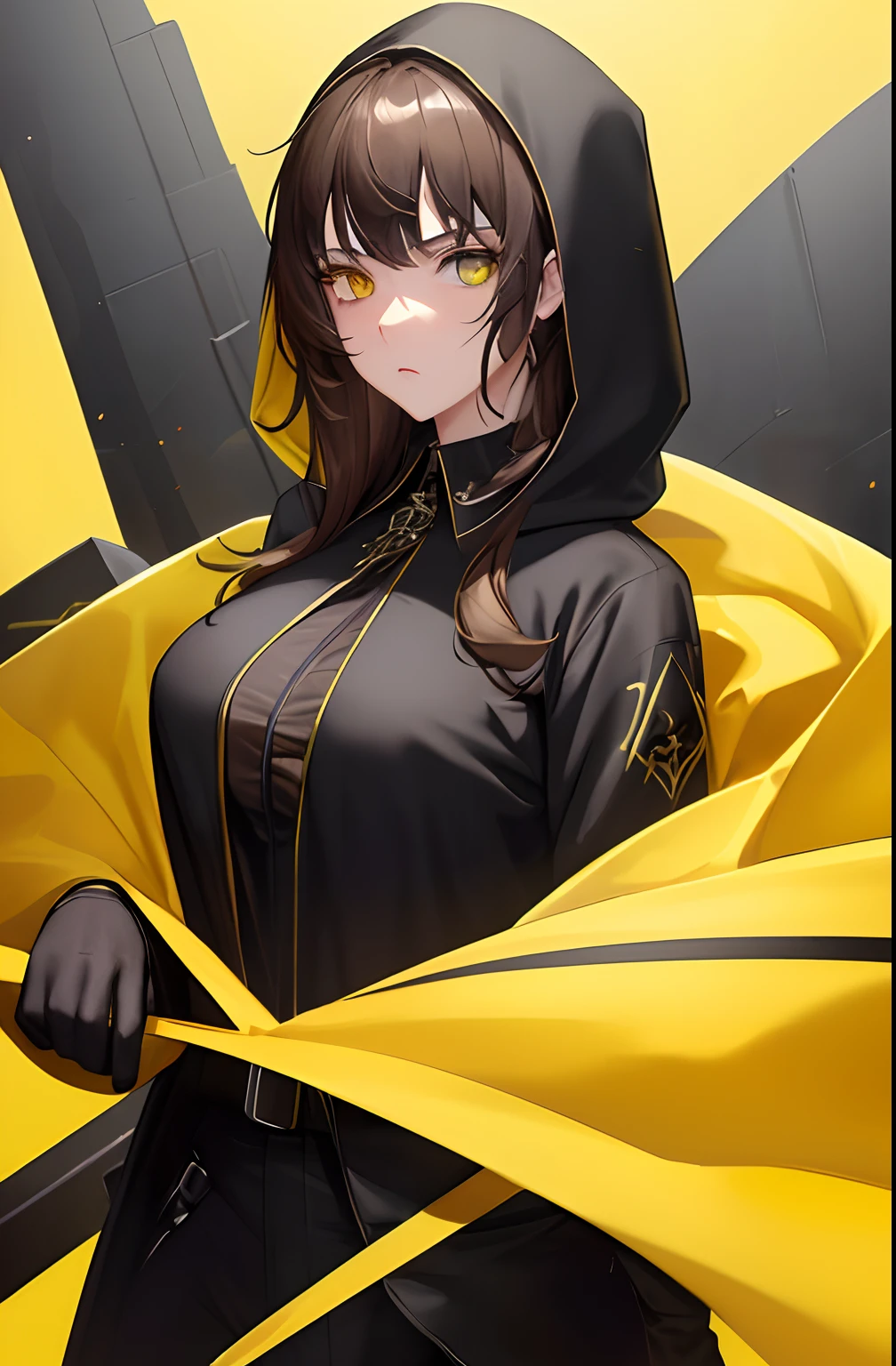 kk, best quality, more details, masterpiece, 1 girl, female focus, solo, heterochromia, An assassin woman in a black hooded suit, yellow background, yellow eyes, long hair, shirt, brown hair, collared looking at viewer, luxurious, 8k, detailed, ray tracing, depth of field, cinematic lighting,