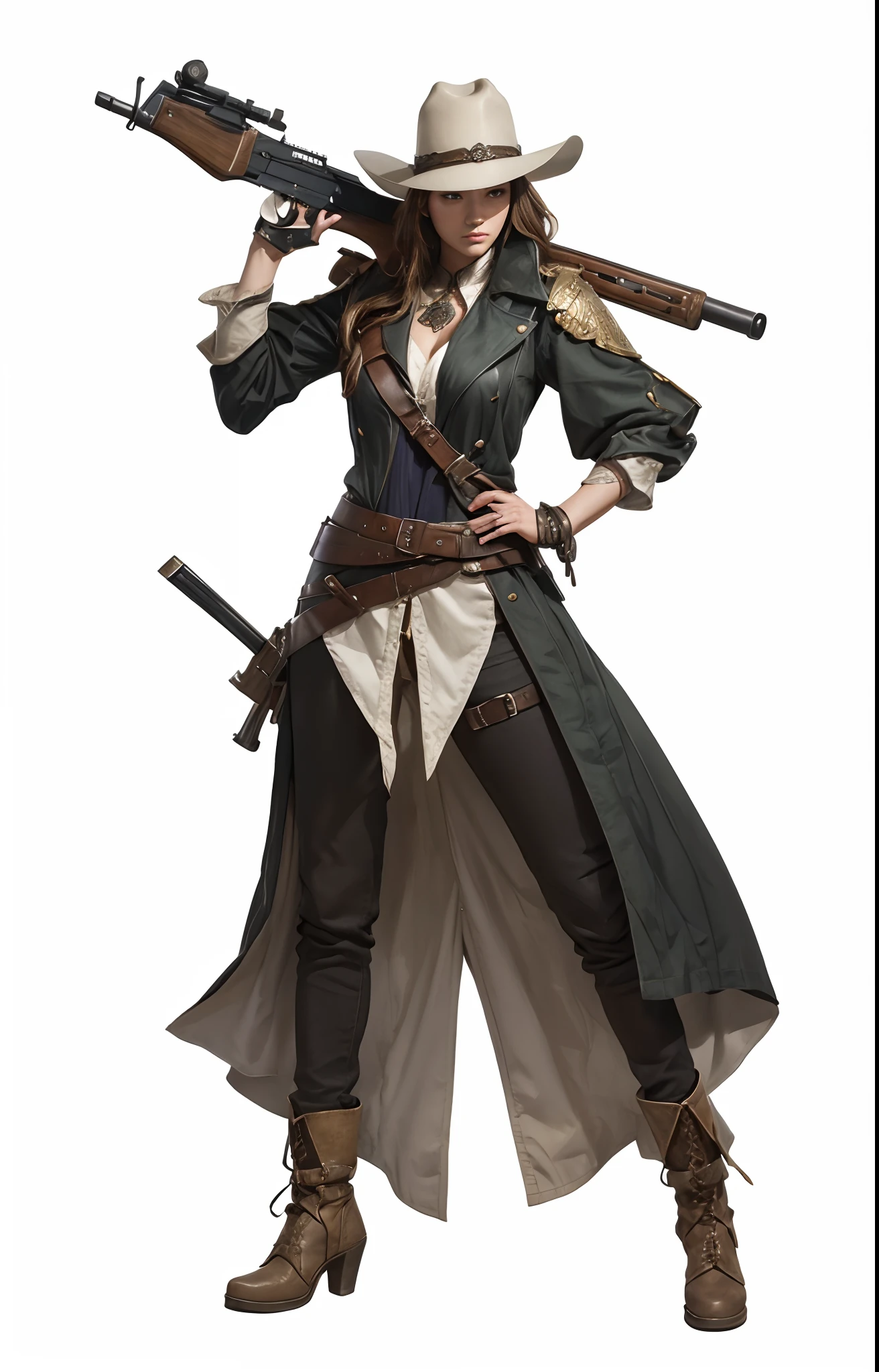 A country woman in a long coat and hat holding the butt of a rifle gun over shoulder, exact same gun, with a medieval sword on her right side hip, rpg concept art character, female medieval fantasy bounty hunter, western concept art, rpg character concept art, fashionable rpg clothing, female ranger medieval captain, by Yang J, rpg character art, rpg portrait full body, by Shen Zhou, female lead character, beautiful full body concept art, (realistic, photo-realistic:1.37), (insanely detailed:1.3), 8k, (masterpiece), (best quality:1.4), (ultra high res:1.2), (RAW photo:1.2), professional lighting, cinematic realism