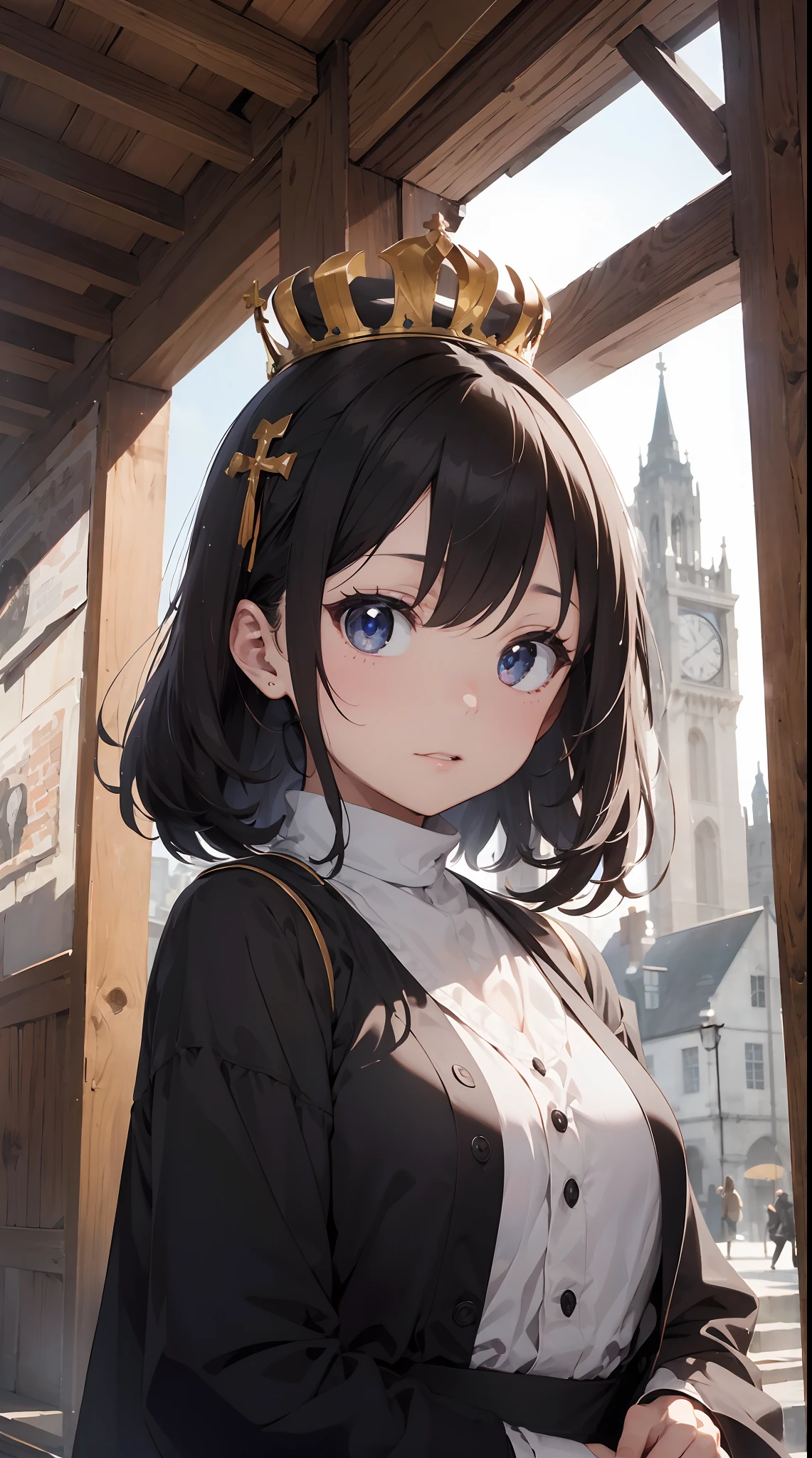 (The Young Queen and the Priest two people:1.5)、(Little queen wearing robe décolleté and shawl over her shoulders The priest puts the crown on the queen's head:1.3)、Westminster Abbey、Coronation、 Intricate and detailed to the smallest detail、An ultra-high picture quality、ultra-quality、Haisole、16k wallpaper、face perfect、Perfect eyes、perfect anatomia、Backgrounds with intricate and depth in every detail、Three-dimensional and dense background、Realistic texture、Realistic materials、Complex and detailed eyes、