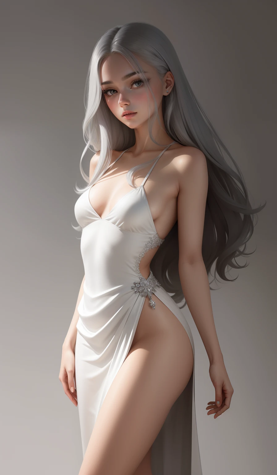 a woman in a long silver solid draped spaghetti dress, silver high heels, diamond hair piece, , shoulder length slightly wavy hair, ((white hair)) and gleaming detailed vibrant azure-grey eyes, slim frame, medium breasts, long legs, beautiful face, small butt size, small feet size, small hand size, perfect hands, scary face, beautiful face, pretty face, hot woman, British woman, cream skin, small soft pink lips , medium breast size, slim figure, standing pose, soft features, cute girl, perfectly framed face, soft pink lips, glossy lips