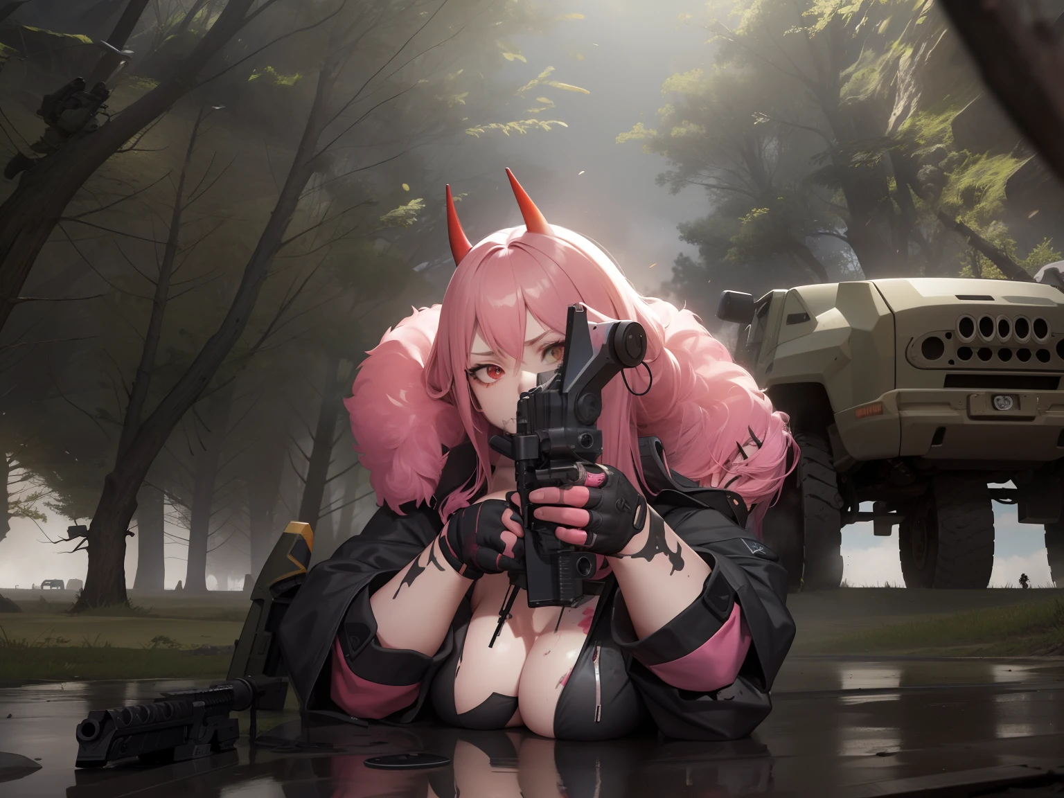 there is a woman with pink hair, red horns, bikini top, jacket a gun in a field with a truck, combat pose, with rifle, second life girl, infantry girl, bikini + tattered military gear, shooting pose, holding a weapon, badass pose, ingame shot, <mmorpgs scene, half body shot, tranding on pxiv, explosions, forest, plane in the background, soldiers shooting, battlefield