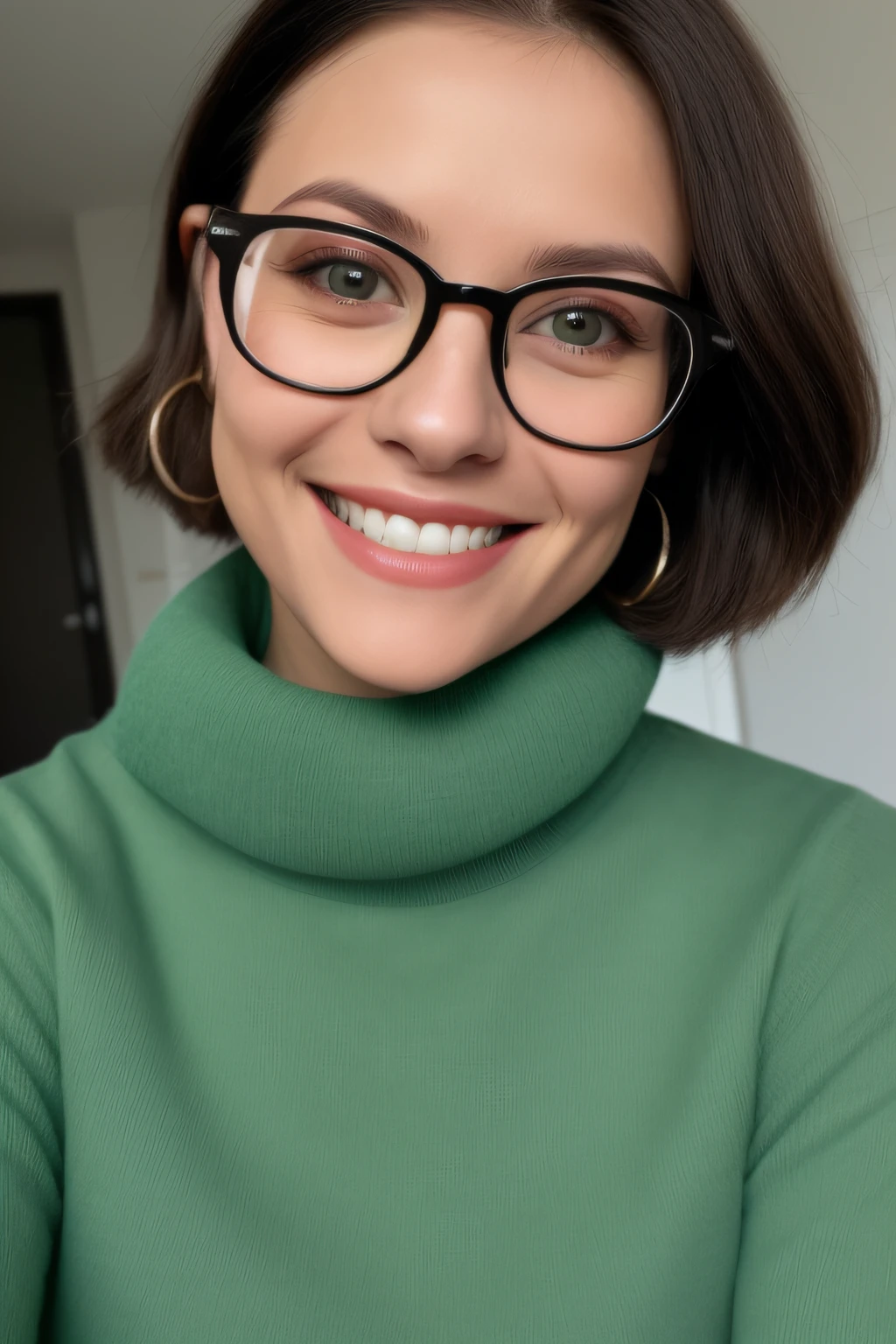 smiling woman wearing glasses and a green turtleneck sweater, cute slightly nerdy smile, slight nerdy smile, high quality portrait, wearing small round glasses, she has perfect white teeths, thick glasses, wearing square glasses, short brown hair and large eyes, beautiful and smiling, wearing round glasses, wearing thin large round glasses, girl with glasses, perfect smile