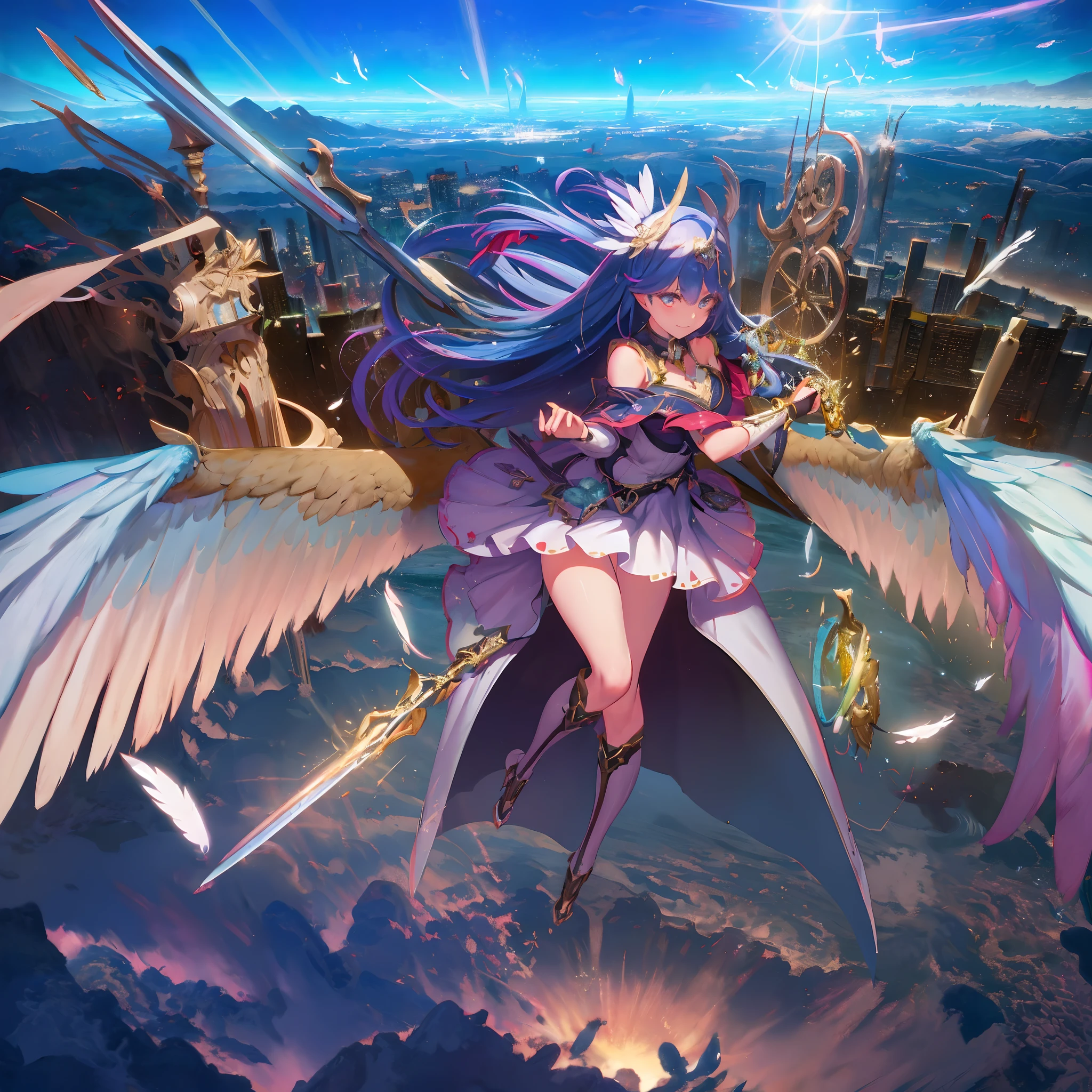 (((8K,masutepiece,Best Quality))), maxiskit, dress conservatively 1 girl, Solo, Full body, wide shoot,BREAK、(((Cute angel flying in the blue sky))), Fantasy, Big Angel Wings, Big smile, Blue long wavy hair, Blue hair, Delicate eyes, beautifullydetailedbackground, BREAK、(Above the clouds in the blue sky), (2 large feathers:1.3), Lens Flare,Anime girl with angel wings and sword in hand, anime goddess, goddess of Japan, cushart krenz key art feminine, angel knight girl, Seductive Anime Girl, beautiful alluring anime woman, anime fantasy artwork, high detailed official artwork, marin kitagawa fanart, anime fantasy illustration, beautiful celestial mage, Very detailed ArtGerm, Detailed Digital Anime Art（（Super best quality））， （（A very masterpiece））， （（super detailing：1.4））， （（hyper realistic lifelike 3d））， Dragon Warrior Girl， Mechanical body， Dynamic action poses in battle scenes， Mechanical weapons of very complex and heavy fighters， Off-the-shoulder fashion that blends dense and complex steampunk with dense gothic lolita， Complex steampunk headgear， very thin long legs， Mechanical boots above the knee， Fluttering lace flared mini skirt， beautiful small breasts directed upwards，Somewhat long, Vertically curly silver hair fluttering in the wind，Countless shining large spheres flying around，Many sparks cross and fly，Countless neon signs rained down from magic-evoking gestures，Steampunk Factory，Complex and precise mechanical ruins，Very dark night background，Very dramatic and cinematic lighting。