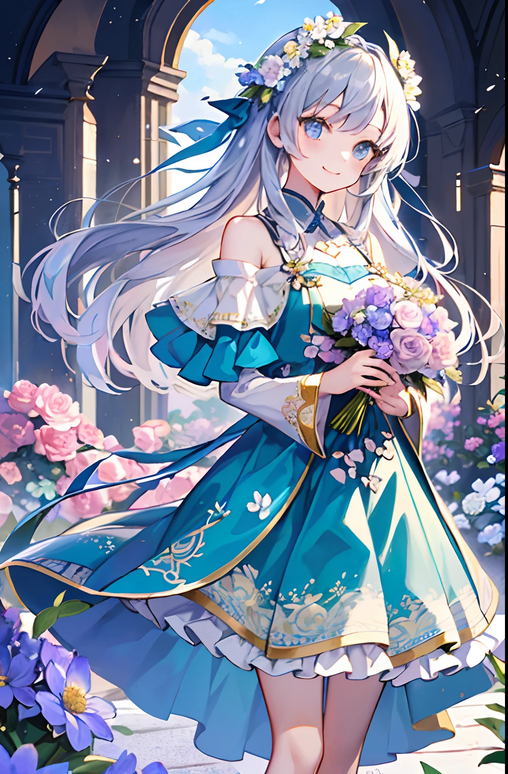 (​masterpiece、top-quality、illustratio、Extremely high quality、high-level image quality、Extremely sensitive writing)Twin-tailed girl with light blue long hair standing in beautiful flowery garden、A slight smile、She has a large bouquet、Cute national costume style dress with ruffles on the shoulders、Hair fluttering in the wind