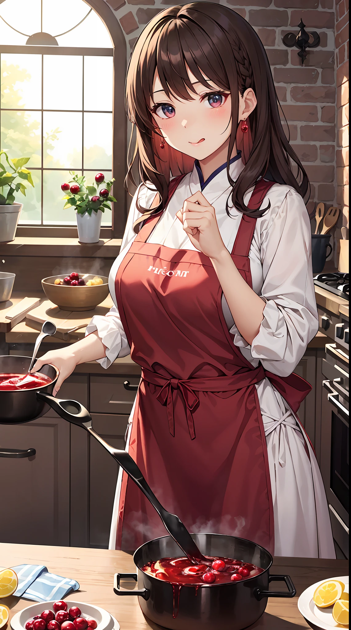 Background with: Luxury kitchens in medieval Europe。 There is a pot by the big fireplace.、Cranberry jam is boiled in it。 Fresh cranberry kernels and sugar on the kitchen table、Ingredients such as lemons are lined up。
人物: Young Marquis。Hairstyle is long hair、Hair color is brown。She wears a gorgeous dress and、Working in the kitchen with an apron on。
Facial expressions and eyes:The focus is on her face。She is concentrating on making jam.、Sticking out her tongue a little and working cutely。
Poses: One hand holds a wooden spoon、Stirring the jam in the pan。 In the other hand hold a cranberry fruit、Trying to add to the pot。
styles: Detailed background of medieval Europe and、Her gorgeous dresses and hairstyles are distinctive。 Overall, it has a historical atmosphere.、Highlights her cuteness。
Special elements: Cranberry colorful red、Among the whole shades are emphasized。Her dresses and kitchen décor too、Expresses the luxury of medieval Europe。