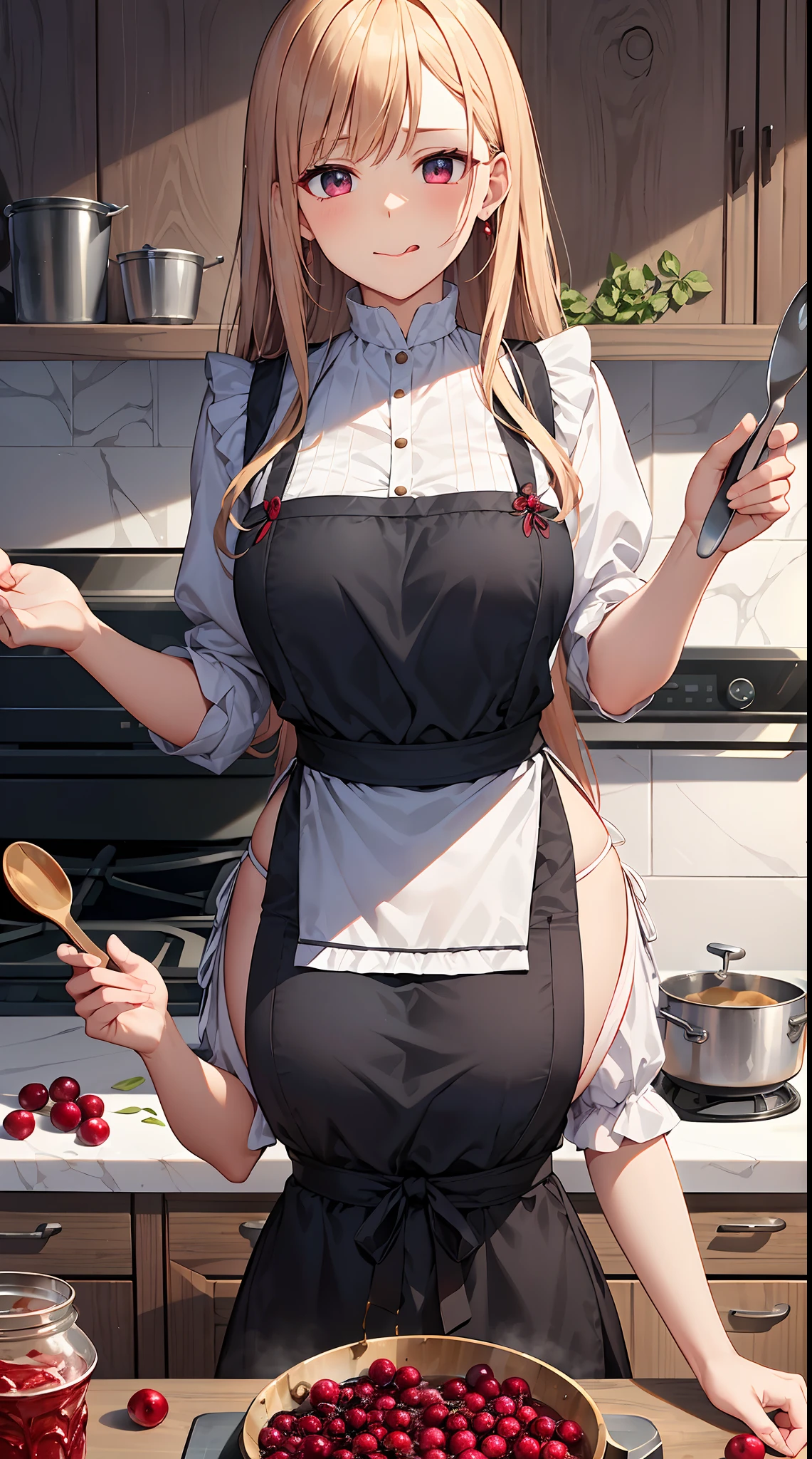 Background with: Luxury kitchens in medieval Europe。 There is a pot by the big fireplace.、Cranberry jam is boiled in it。 Fresh cranberry kernels and sugar on the kitchen table、Ingredients such as lemons are lined up。
人物: Young Marquis。Hairstyle is long hair、Hair color is brown。She wears a gorgeous dress and、Working in the kitchen with an apron on。
Facial expressions and eyes:The focus is on her face。She is concentrating on making jam.、Sticking out her tongue a little and working cutely。
Poses: One hand holds a wooden spoon、Stirring the jam in the pan。 In the other hand hold a cranberry fruit、Trying to add to the pot。
styles: Detailed background of medieval Europe and、Her gorgeous dresses and hairstyles are distinctive。 Overall, it has a historical atmosphere.、Highlights her cuteness。
Special elements: Cranberry colorful red、Among the whole shades are emphasized。Her dresses and kitchen décor too、Expresses the luxury of medieval Europe。