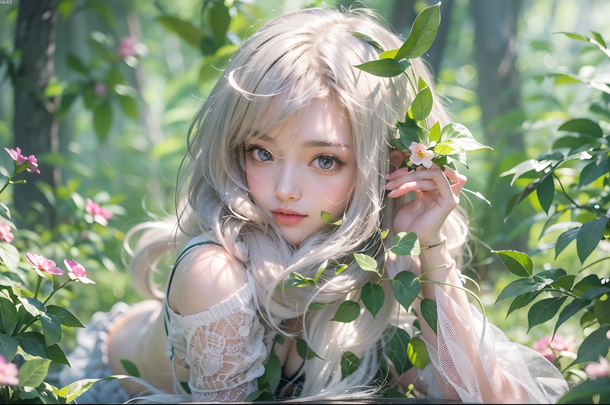 Natural elements with a forest theme、natta、Mysterious Night Forest、Beautiful forest、Clear stream、small stream、Firefly、glowworm、naturey、Delicate leaves and branches surrounded by flowers(nature elements)、(Particle effect)、Elf Princess,the woods,Platinum hair accessories,(Photorealistic:1.4), (masutepiece, side lights, fine detailed beautiful eyes: 1.2), masutepiece*Portrait, Realistic, The face is delicate, Glowing eyes, Shiny hair, Glossy glossy skin, Solo, embarrassed from, (midriff),(super-fine),Detailed pubic hair,acurate,(Works of masters),(best qualtiy),8K分辨率、dynamic viewing angle,, Perfect nudity, Legs spread, Sex life, Random provocative poses, Beastly pose,