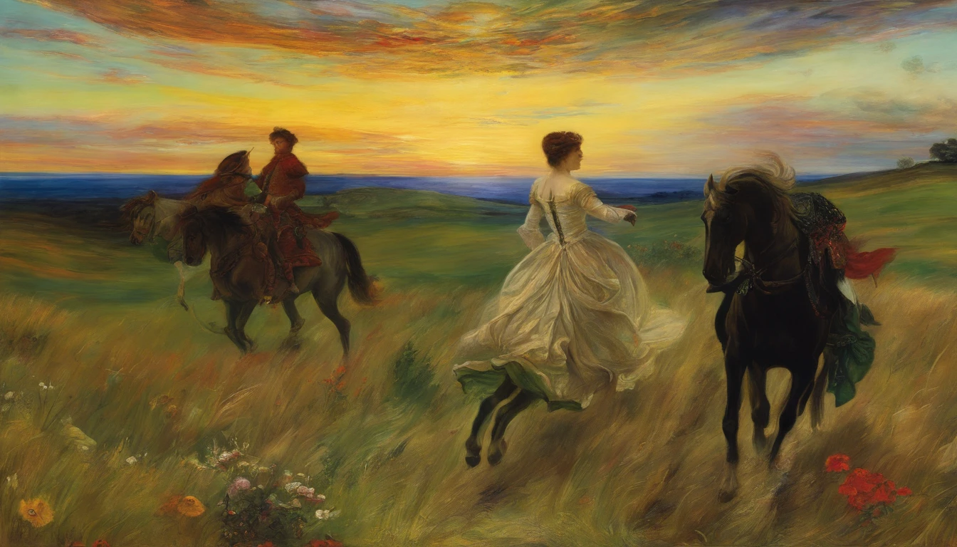 John Everett Millais, Pre-Raphaelites, cavalo, senhora, medieval, Banner, vento, espada