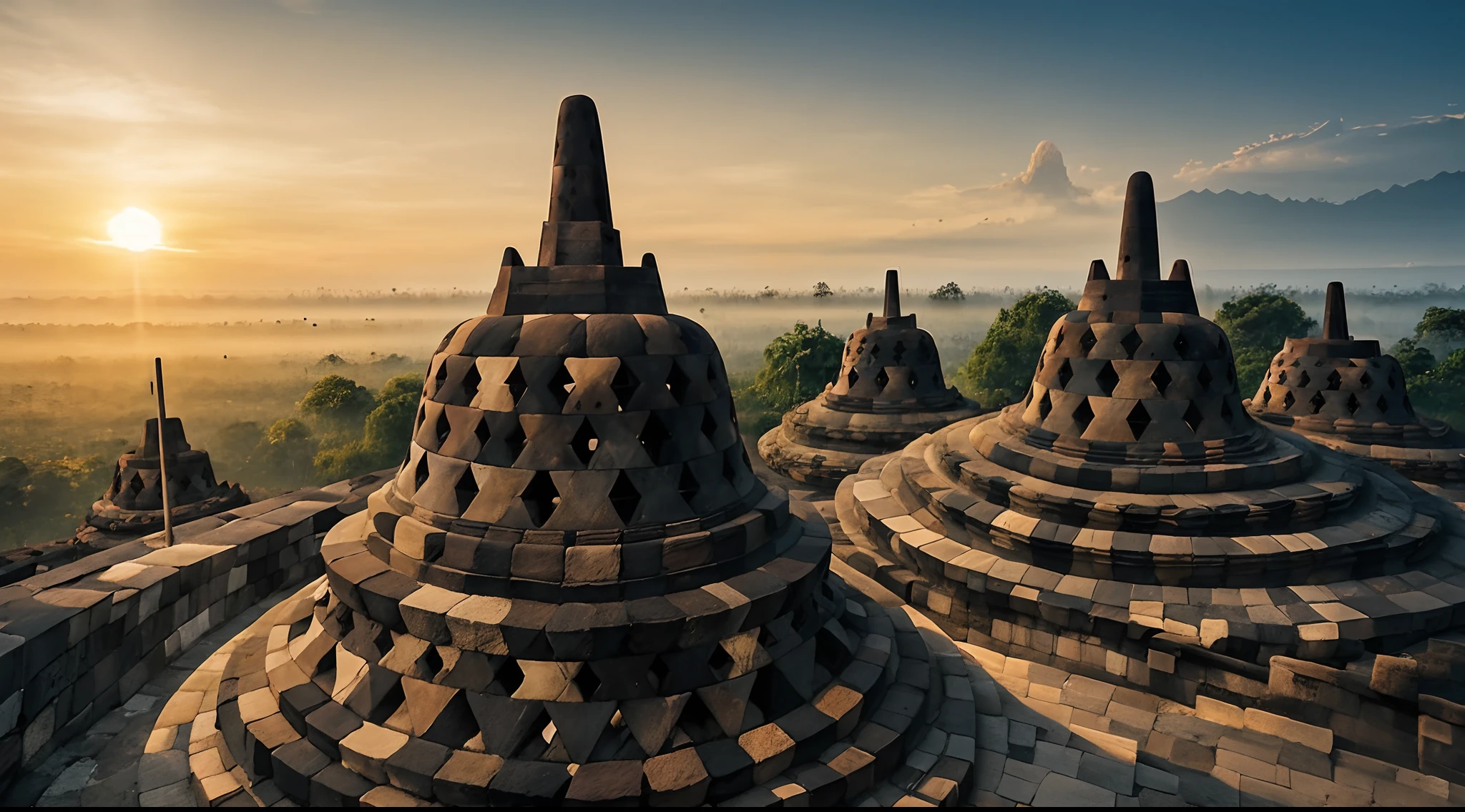 (masterpiece), (realistic), (Indonesia), Sunset of Borobudur temple,