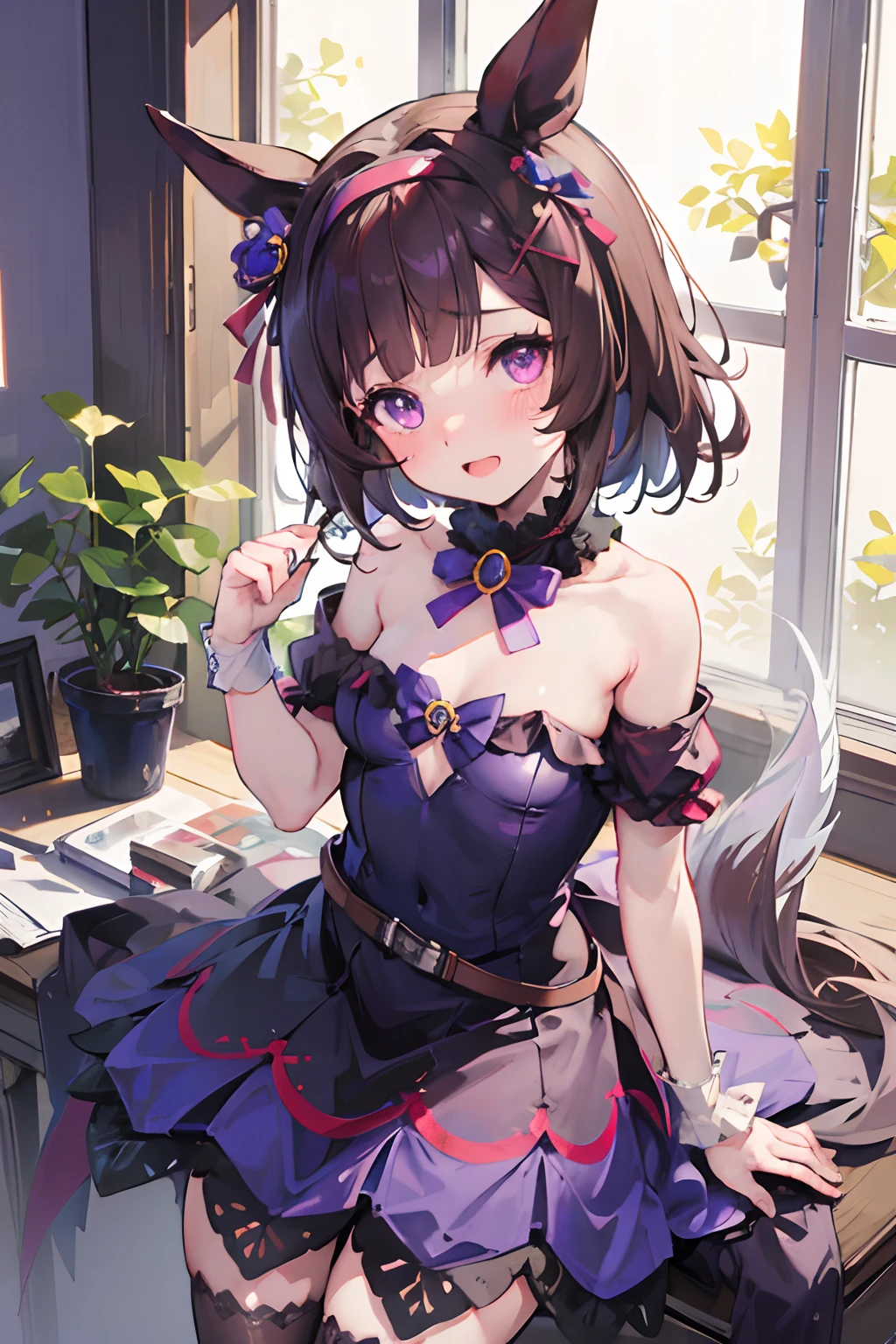 NSFW,bared  chest,Revealing clothes,Uma Musume's Nishino Flower,Uma Musume,Nishino flower,Marl,shorth hair,Red headband,Beautiful purple eyes,Black dress,frilld,Blue roses,bow ribbon,small tits,Lori,cute little,Curvaceous,Smile with open mouth,red blush,Shy face,Top image quality,Best Quality,Masterpiece