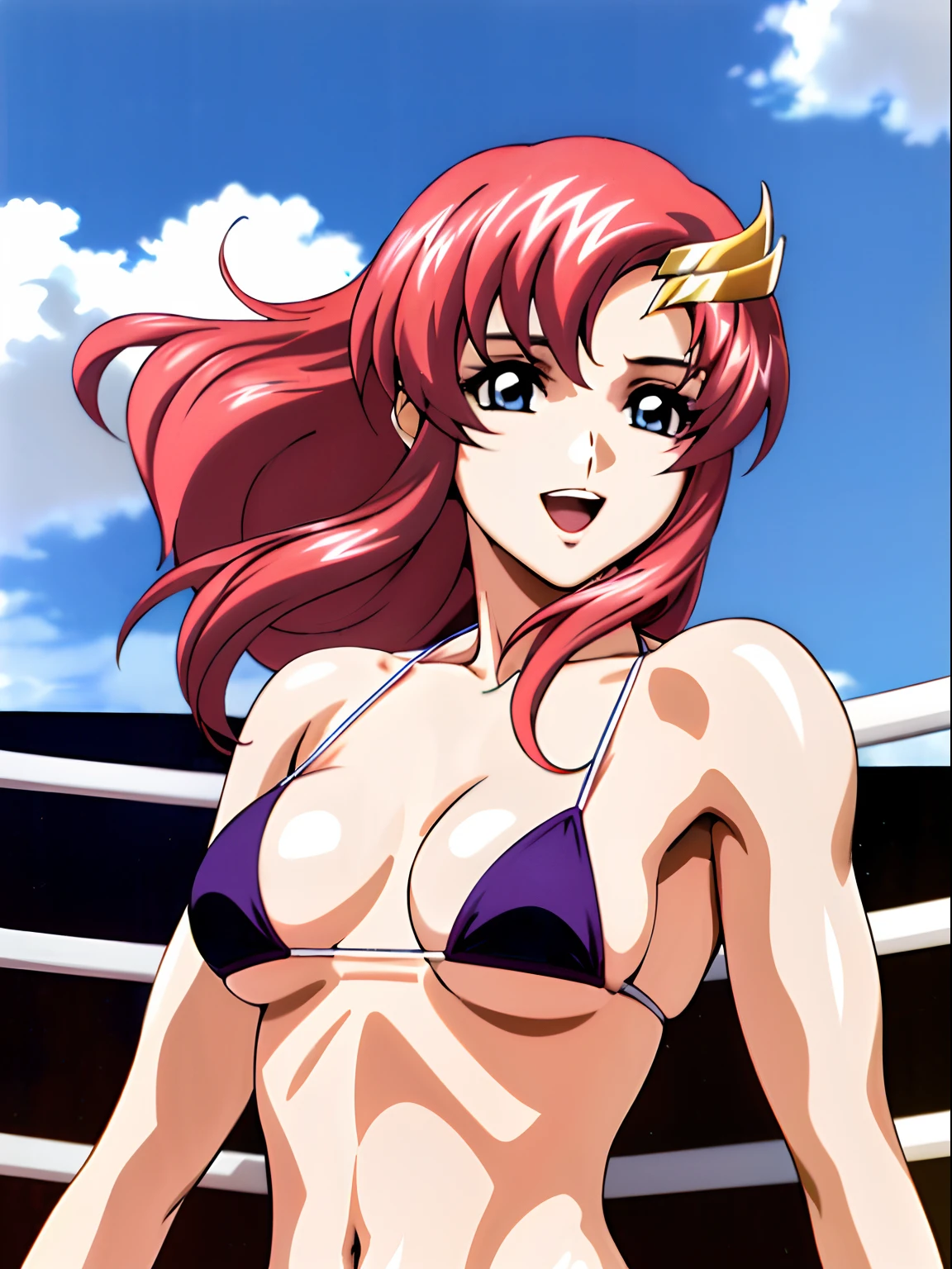 (masterpiece, upper body view, 4K, Best Quality, Anime style: 1.9,, Adult Woman, ultra detailed face, (cloud background, wrestling), Drawing lines, high resolution, Anime, lacus4), 1girl, Solo, curvy figure, Long hair, 鎖骨, scapular, (Detailed wide hair bangs, Hair Ornament, Detailed reddish-pink hair, golden crest), cleavage, large hands, (female wrestler). (Big blue eyes, shiny eyes), ((female wrestler, little biceps, slender body, broad shoulders, closed fists)), ((perfect proportions, medium breasts, long belly)), (((micro bikini, pink wrestling gear, champion))), happy, smile, open mouth, (leaning, looking at the viewer), showing off underarm, (elegant lady)