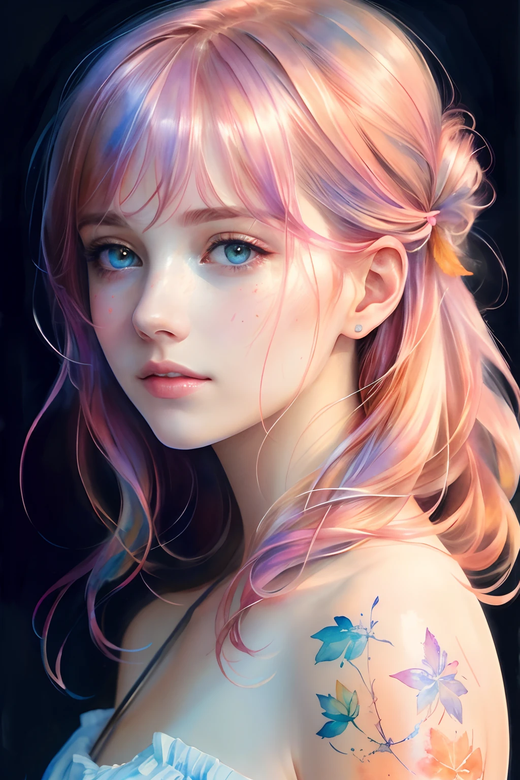 (8k, best quality, masterpiece:1.2),(best quality:1.0), (ultra highres:1.0), watercolor, a beautiful woman, shoulder, hair ribbons, by agnes cecile, half body portrait, extremely luminous bright design, pastel colors, (ink:1.3), autumn lights,
