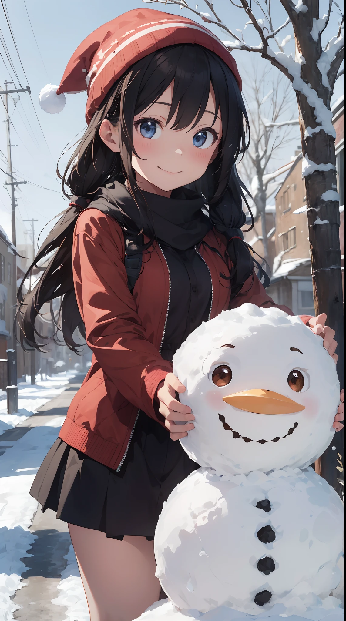 Illustration of a girl making a snowman in a snowy landscape。She wears a red coat and a black skirt.、Her hair is golden twin tails。She wears a scarf and hat on a snowman.、Smiling happily。There is white snow and trees in the background、You can feel the winter atmosphere。The colors are unified in red and white.、Warmth and cuteness are emphasized。（cuteness：1.5）（soothing：1.3）（hightquality：1.2）（Sketched：1.0）