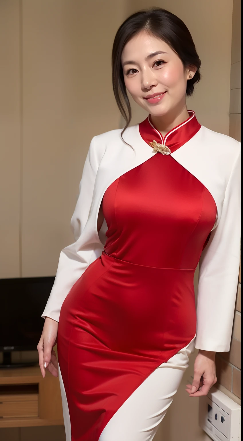 japanese mature, (A woman), 20 years old, (Wrinkles at the corners of the eyes:1.2), Medium breasts, A MILF, carismatic, Top 1 sexy, Chromo-white skin, view the viewer、ultra huge breasts、French high-split red cheongsam、ssmile、in a  bedroom、Pear-shaped buttocks，Long legs，Perfect tall figure，The shoes are very beautiful