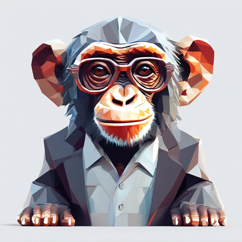 Perfect alignment, Cute little chimpanzee, Wearing a jacket,crystal vases,Rose flower, Wearing sunglasses, cheerfulness, Standing position, Abstract beauty, Centered, Looking at the camera, Facing the camera, nearing perfection, Dynamic, Highly detailed, smooth, Sharp focus, 8K, high definition resolution, illustration, Art by Carne Griffiths and Wadim Kashin, White background