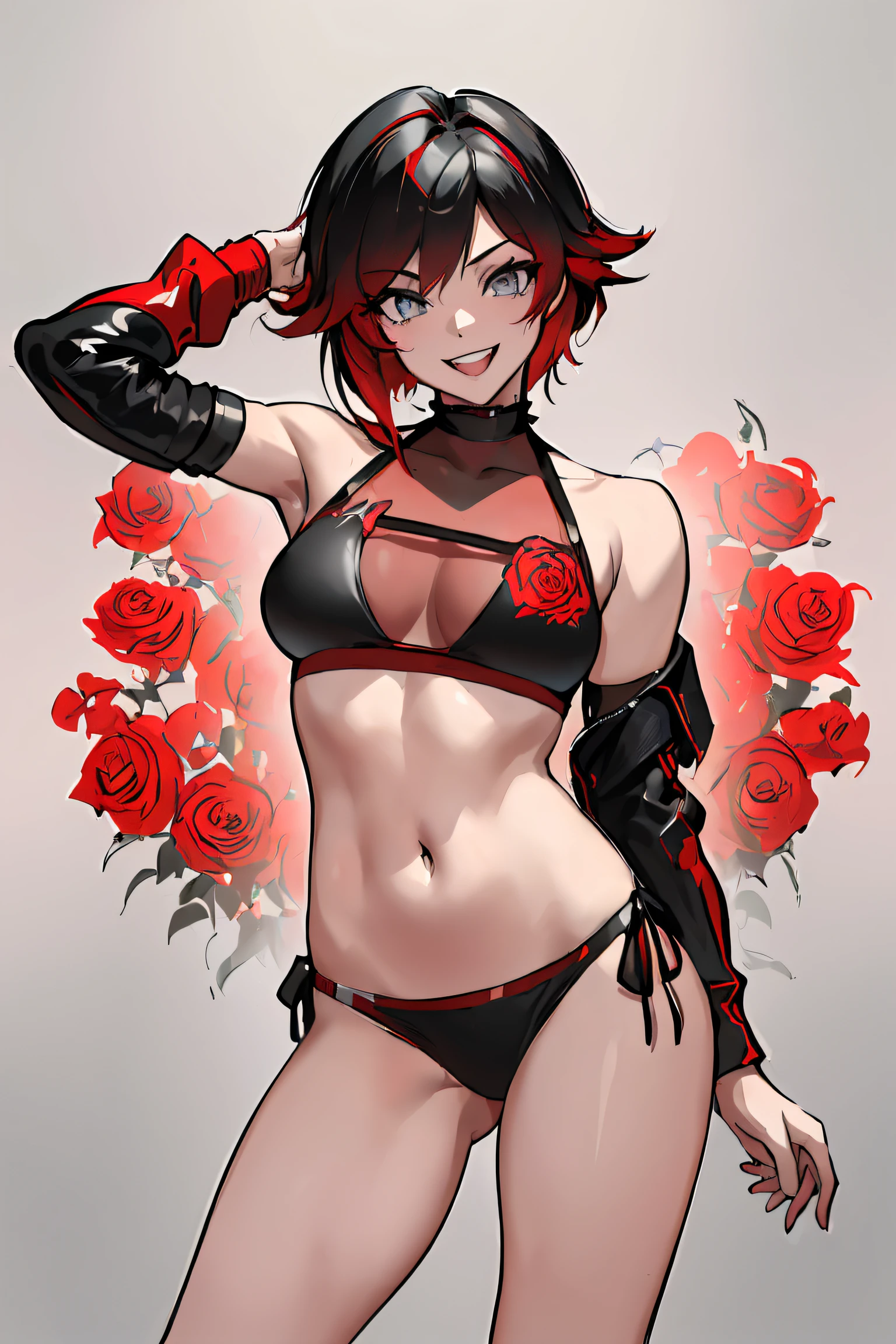 (absurdres, 8k, 4k, masterpiece, hyper extreme detailed:1.2), ((masterpiece,best quality)), absurdres, Ruby_RWBY, solo, looking at viewer, smiling, ruby rose, swimsuit, roses, bikini, two piece,