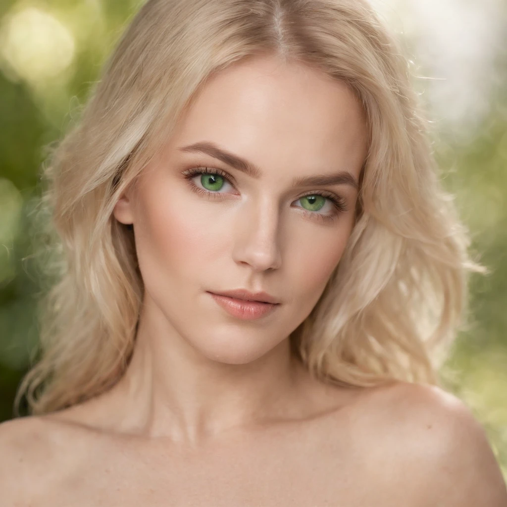 This image depicts an incredibly sensual and beautiful naked woman, blonde hair and green eyes, captured with a Canon EOS 5D Mark IV camera and a Canon EF 85mm f/1.4L IS USM lens. The soft lighting enhances her features and the sharp camera highlights her natural beauty."