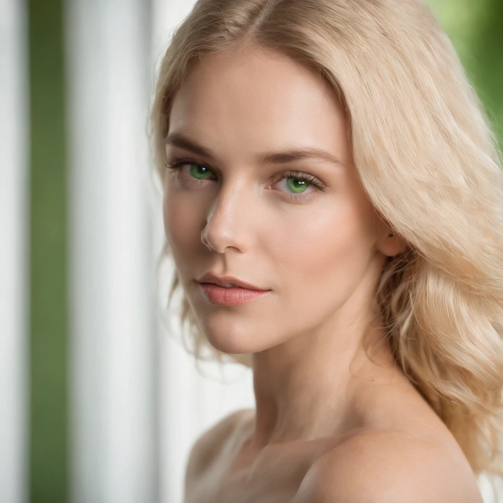 This image depicts an incredibly sensual and beautiful naked woman, blonde hair and green eyes, captured with a Canon EOS 5D Mark IV camera and a Canon EF 85mm f/1.4L IS USM lens. The soft lighting enhances her features and the sharp camera highlights her natural beauty."
