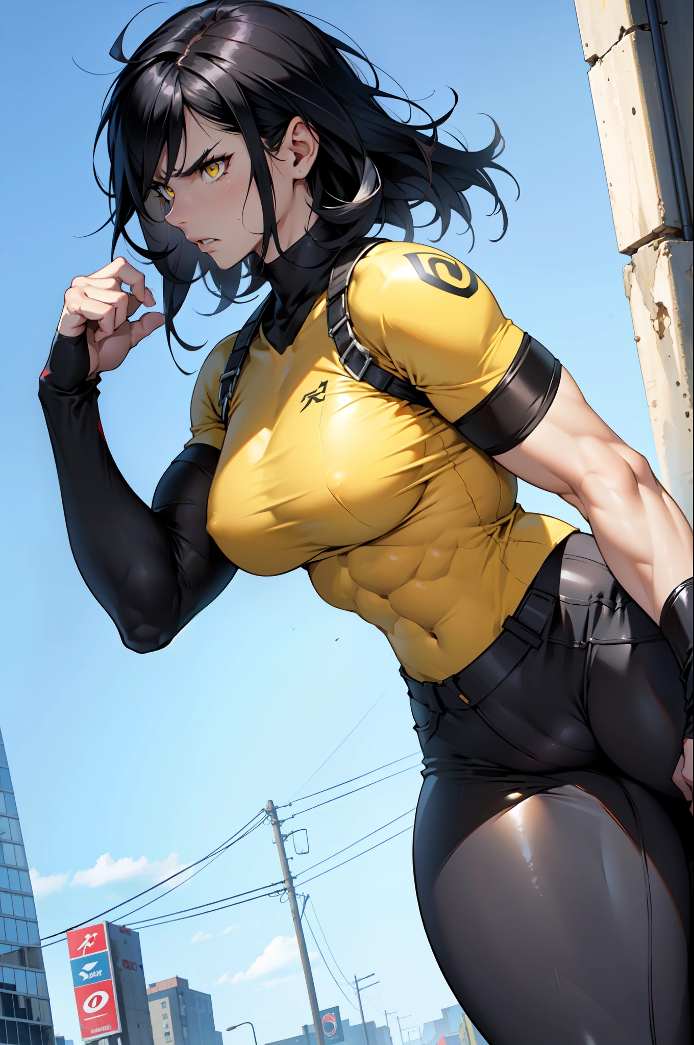 (muscular, thick thighs, small breasts, tight clothes, toned body, 1 girl), black hair, pale skin, yellow eyes, angry, solo tight shirt tight pants