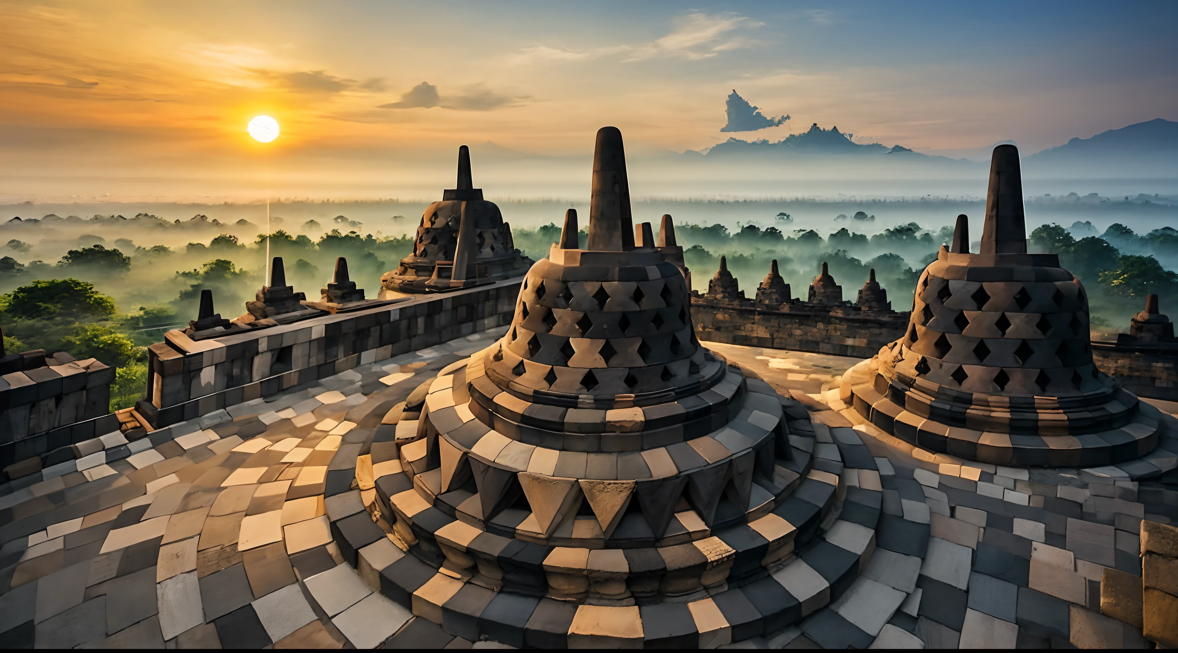 (masterpiece), (realistic), (Indonesia), The Beauty Sunset of Borobudur temple,