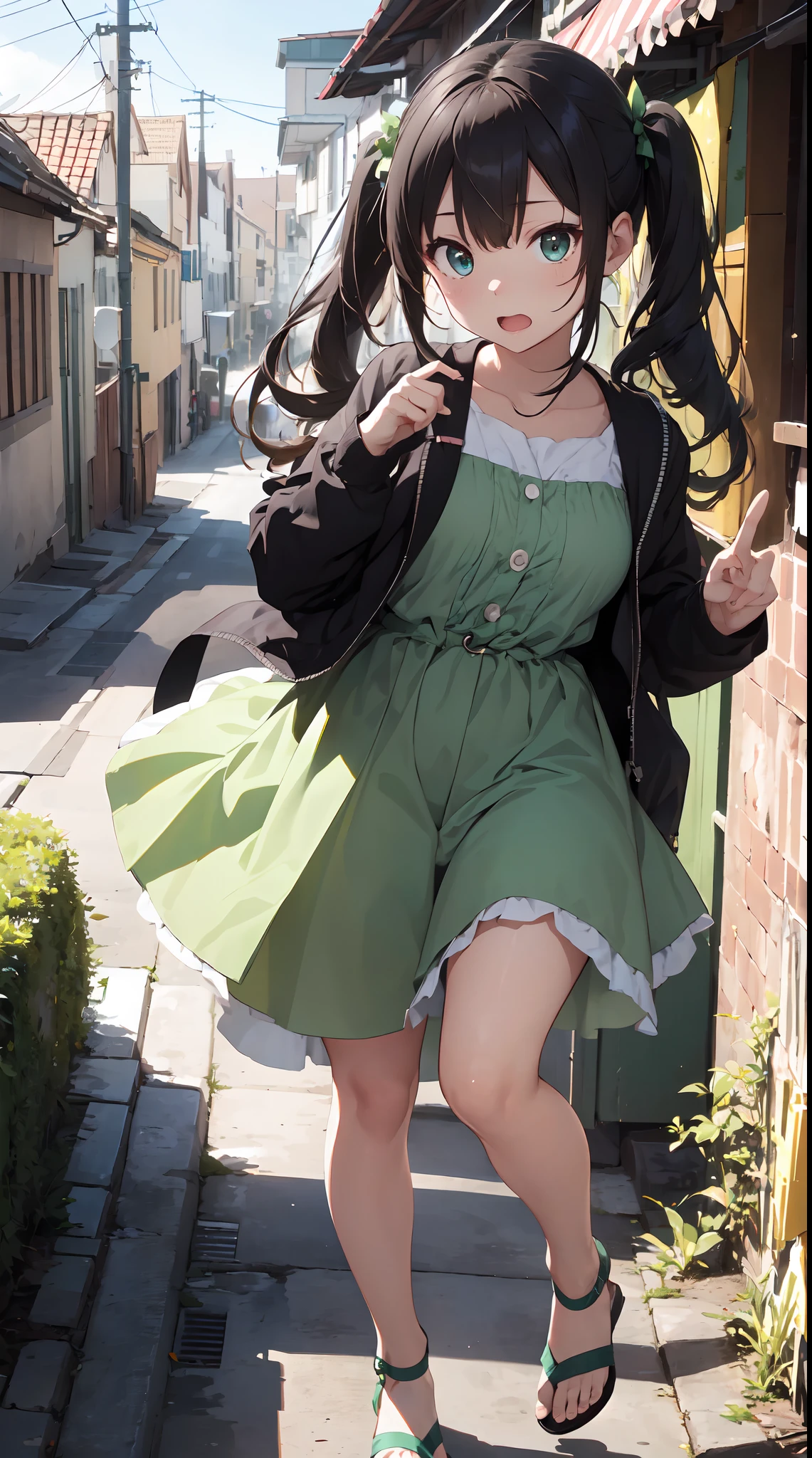 Background with: Suzuran Colony Path。The tree々The light from between illuminates the way。
人物: Obvious girl in her early teens。Hairstyle is Twintails、hair color is light brown、Hair quality is curly。
Facial expressions and eyes: Expectant expression、Eyes are blue、Realistic and complex eyes。
garments: White and green striped dress。 Green sandals underfoot。
Poses:Find a tin flower、Pointing with a surprised expression。
effect:The focus is on the girl and pointing。
styles: Real Taste
Special elements:hightquality、Inner peace、masterwork、Real Stick、「The Coming of Happiness」Motifs of