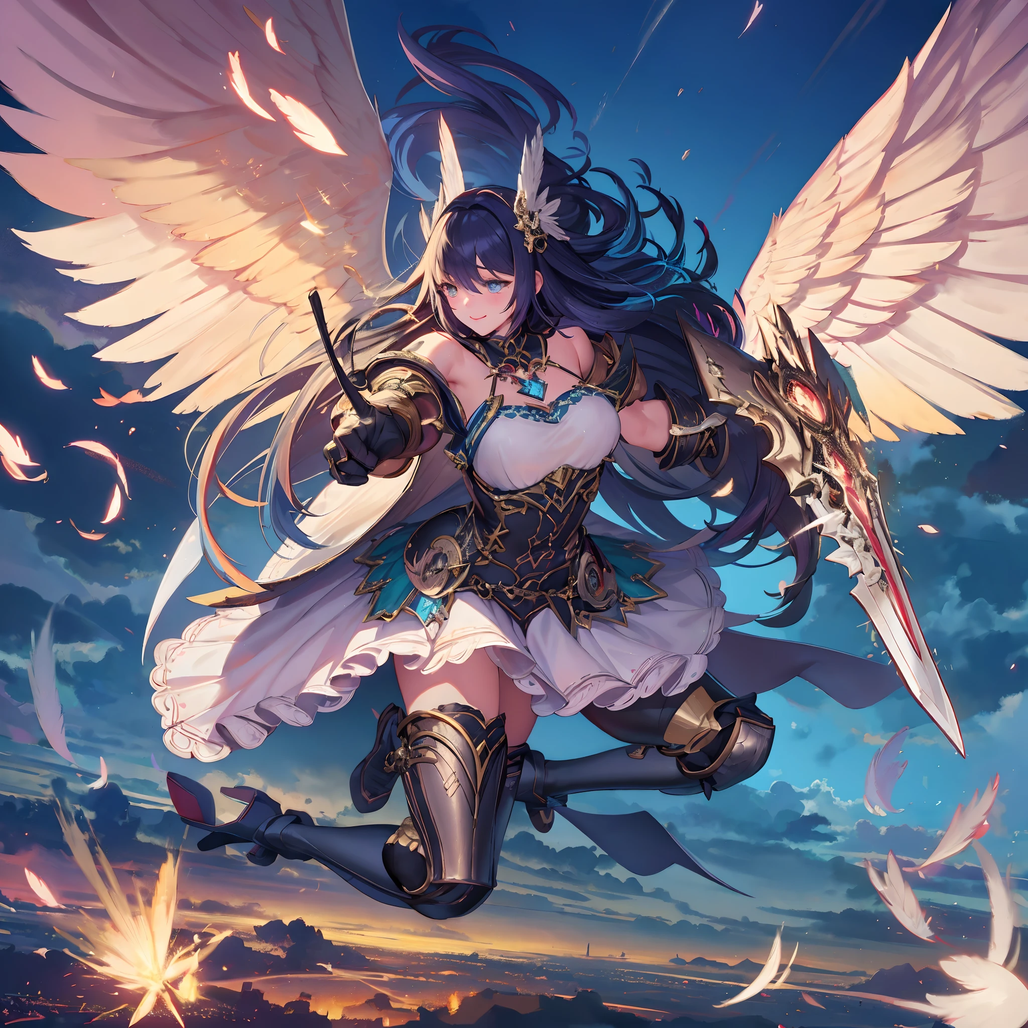 (((8K,masutepiece,Best Quality))), maxiskit, dress conservatively 1 girl, Solo, Full body, wide shoot,BREAK、(((Cute angel flying in the blue sky))), Fantasy, Big Angel Wings, Big smile, Blue long wavy hair, Blue hair, Delicate eyes, beautifullydetailedbackground, BREAK、(Above the clouds in the blue sky), (2 large feathers:1.3), Lens Flare,Anime girl with angel wings and sword in hand, anime goddess, goddess of Japan, cushart krenz key art feminine, angel knight girl, Seductive Anime Girl, beautiful alluring anime woman, anime fantasy artwork, high detailed official artwork, marin kitagawa fanart, anime fantasy illustration, beautiful celestial mage, Very detailed ArtGerm, Detailed Digital Anime Art（（Super best quality））， （（A very masterpiece））， （（super detailing：1.4））， （（hyper realistic lifelike 3d））， Dragon Warrior Girl， Mechanical body， Dynamic action poses in battle scenes， Mechanical weapons of very complex and heavy fighters， Off-the-shoulder fashion that blends dense and complex steampunk with dense gothic lolita， Complex steampunk headgear， very thin long legs， Mechanical boots above the knee， Fluttering lace flared mini skirt， beautiful small breasts directed upwards，Somewhat long, Vertical curly silver hair fluttering in the wind，Countless shining large spheres flying around，Many sparks cross and fly，Countless neon signs rained down from magic-evoking gestures，Steampunk Factory，Complex and precise mechanical ruins，Very dark night background，Very dramatic and cinematic lighting。