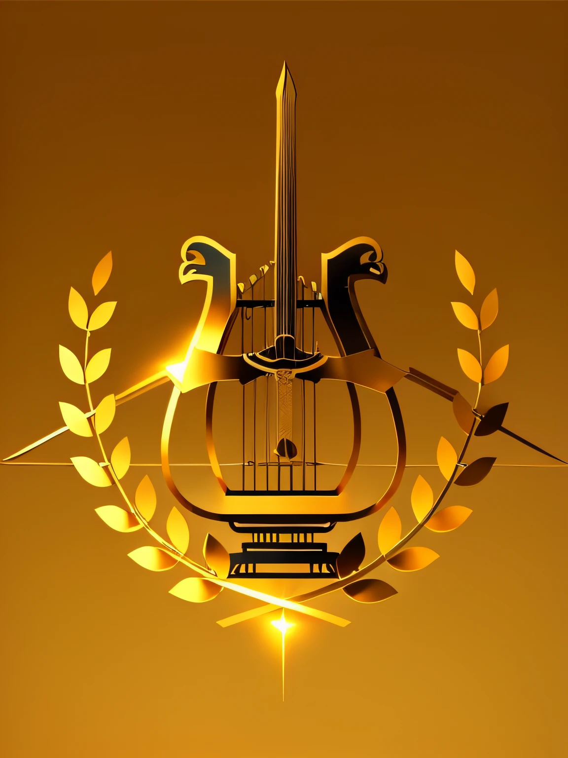 Design a 2D logo featuring a seven-string lyre with a golden horizontal bow overlaid on top of it. Additionally, include a sword with a golden hilt and a flaming blade. The sword should be in a vertical position, overlaid onto the bow, with its blade centered on the bow to simulate an arrow.