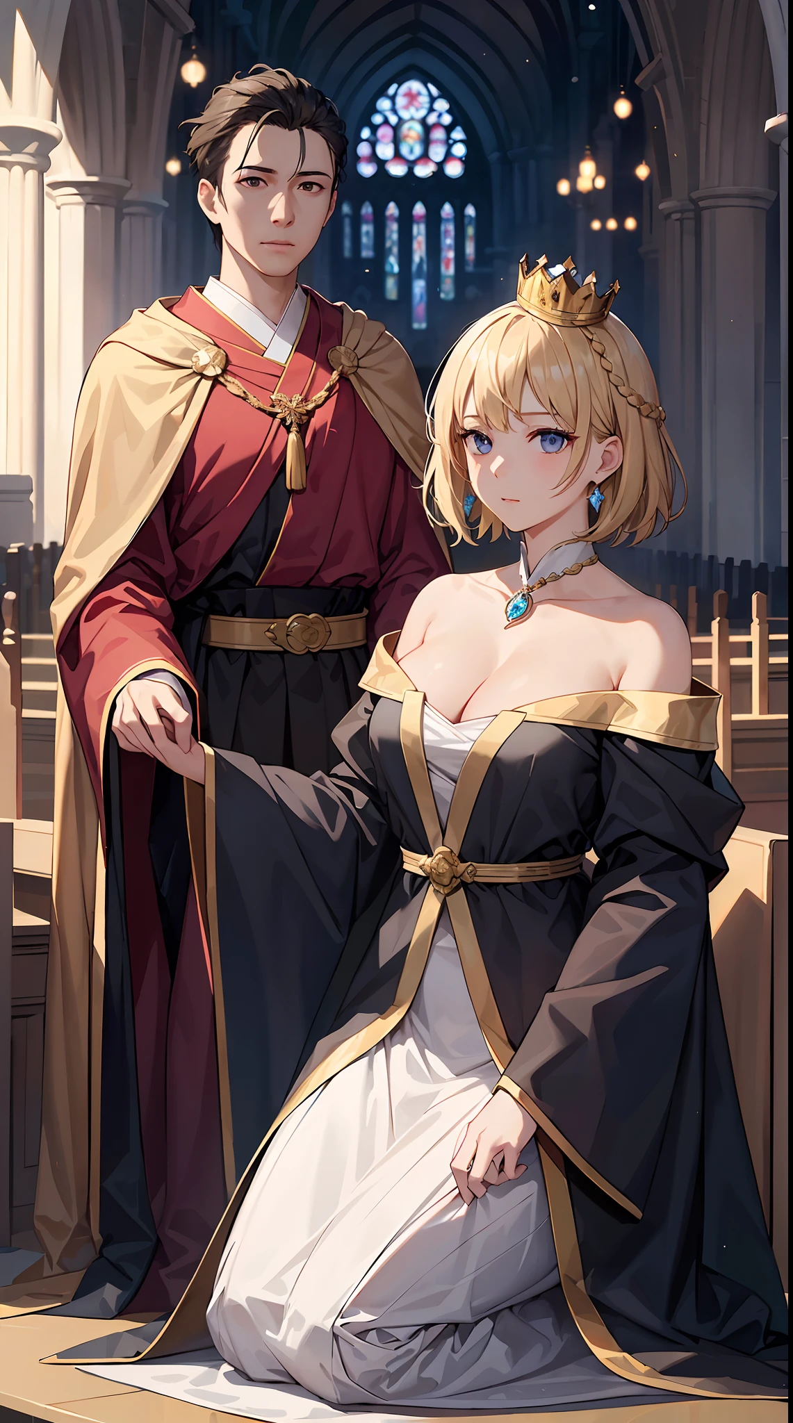 (The Young Queen and the Priest two people:1.5)、(two people:2.0)((The little queen is in the robe décolleté(Shawl over the shoulder:1.5):1.3) The priest puts the crown on the queen's head:1.3)、Westminster Abbey、Coronation、(Background with: Inside Westminster Abbey、Towering Gothic arches and stained glass are beautifully painted。Many nobles and church officials line up in front of the altar.:1.2)。 (人物: Queen Elizabeth at an early age:1.3)。Hairstyle is short hair、Hair color is blonde、Hair quality is wavy。 Facial expressions and eyes: Sincere look、Eyes are blue、Realistic and complex eyes。 (garments: Robe décolleté and shoulder shawl。Richly decorated robes in gold and purple:1.1)。 (Poses:Kneeling、The moment the priest puts the crown on his head:1.2)。 (effect: Focus on Queen Elizabeth and the Crown。Respect for formality and tradition、Emphasizing the sacred atmosphere:1.2)。 styles: Real Taste Special Elements: hightquality、Inner peace、masterwork、Real Stick、(Formal and traditional:1.5)、 Intricate and detailed to the smallest detail、An ultra-high picture quality、ultra-quality、Haisole、16k wallpaper、face perfect、Perfect eyes、perfect anatomia、Backgrounds with intricate and depth in every detail、Three-dimensional and dense background、Realistic texture、Realistic materials、Complex and detailed eyes、(Background filled with meticulous details:1.3)