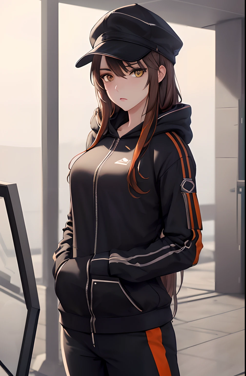 kk, best quality, more details, masterpiece, 1 girl, female focus, solo, heterochromia, An assassin woman in a black hooded suit, wear a cap, brown background, orange eyes, long hair, shirt, brown hair, looking at viewer, luxurious, 8k, detailed, ray tracing, depth of field, cinematic lighting, Simple yellow lines, simplified.