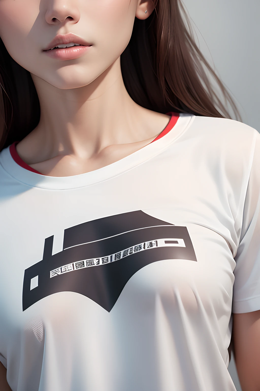 t-shirt mock-up, model wearing plane white t-shirt, close up