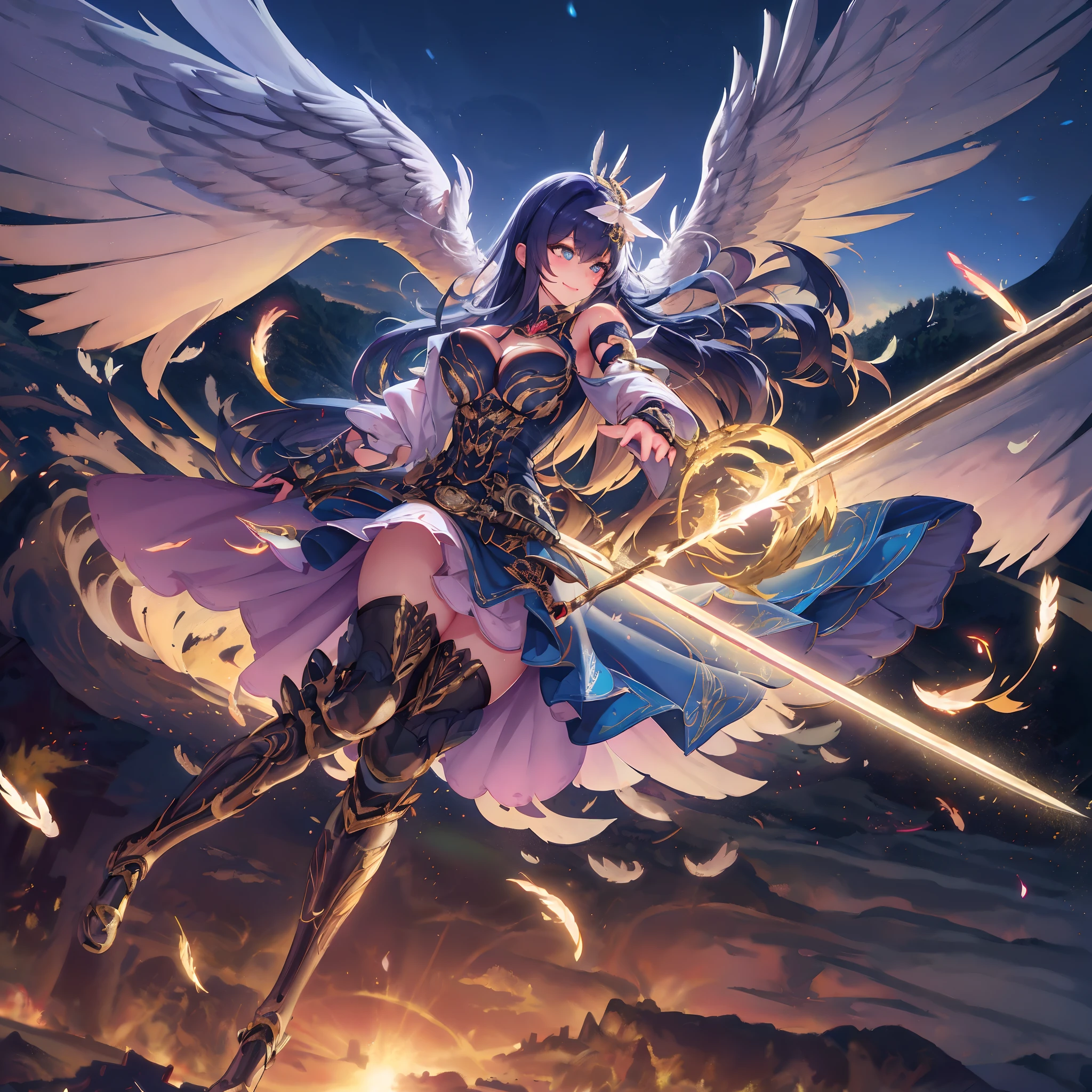 (((8K,masutepiece,Best Quality))), maxiskit, dress conservatively 1 girl, Solo, Full body, wide shoot,BREAK、(((Cute angel flying in the blue sky))), Fantasy, Big Angel Wings, Big smile, Blue long wavy hair, Blue hair, Delicate eyes, beautifullydetailedbackground, BREAK、(Above the clouds in the blue sky), (2 large feathers:1.3), Lens Flare,Anime girl with angel wings and sword in hand, anime goddess, goddess of Japan, cushart krenz key art feminine, angel knight girl, Seductive Anime Girl, beautiful alluring anime woman, anime fantasy artwork, high detailed official artwork, marin kitagawa fanart, anime fantasy illustration, beautiful celestial mage, Very detailed ArtGerm, Detailed Digital Anime Art（（Super best quality））， （（A very masterpiece））， （（super detailing：1.4））， （（hyper realistic lifelike 3d））， Dragon Warrior Girl， Mechanical body， Dynamic action poses in battle scenes， Mechanical weapons of very complex and heavy fighters， Off-the-shoulder fashion that blends dense and complex steampunk with dense gothic ****ta， Complex steampunk headgear， very thin long legs， Mechanical boots above the knee， Fluttering lace flared mini skirt， beautiful small breasts directed upwards，Somewhat long, Vertical curly silver hair fluttering in the wind，Countless shining large spheres flying around，Many sparks cross and fly，Countless neon signs rained down from magic-evoking gestures，Steampunk Factory，Complex and precise mechanical ruins，Very dark night background，Very dramatic and cinematic lighting。