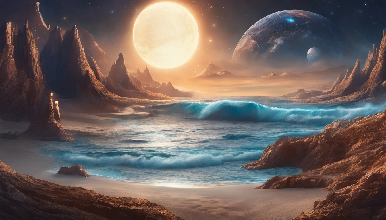 huge planet, the night, starrysky, surrealism, masutepiece, hight resolution、Impressive Milky Way:1.9、sand beach、Vast blue ocean、Blue glacier、lightning bolt:1.9、Protoplanets