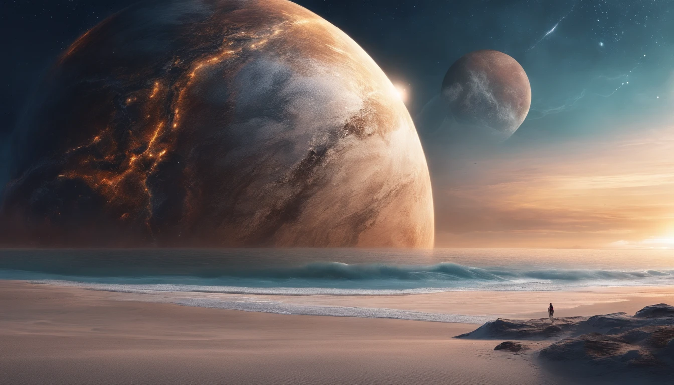 huge planet, the night, starrysky, surrealism, masutepiece, hight resolution、Impressive Milky Way:1.9、sand beach、Vast blue ocean、Blue glacier、lightning bolt:1.9、Protoplanets