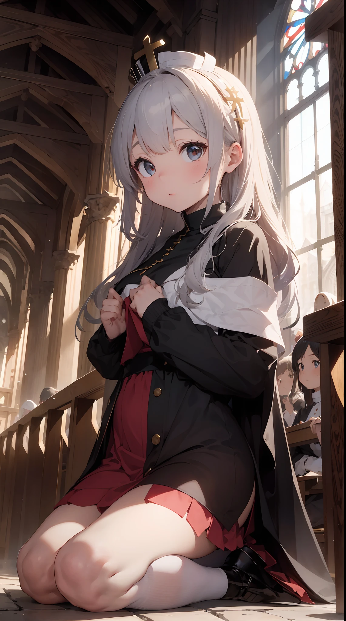 The young Queen Elizabeth of the British Empire is wearing a robe décolleté and a shoulder shawl at Westminster Abbey for the crown ceremony.。She wears a blue dress with a red robe and shawl.、Her hair is short brown。For her to express realistically、He is kneeling at the moment the priest puts his crown on him.、Eyes are open。The priest wears a black robe with a golden mithra.、In his hands he holds a silver crown。In the background are the interiors of Westminster Abbey and other nobles and clergy.、You can feel the atmosphere that respects formality and tradition。(realisitic:1.5)(hightquality:1.2)(a picture:1.0)