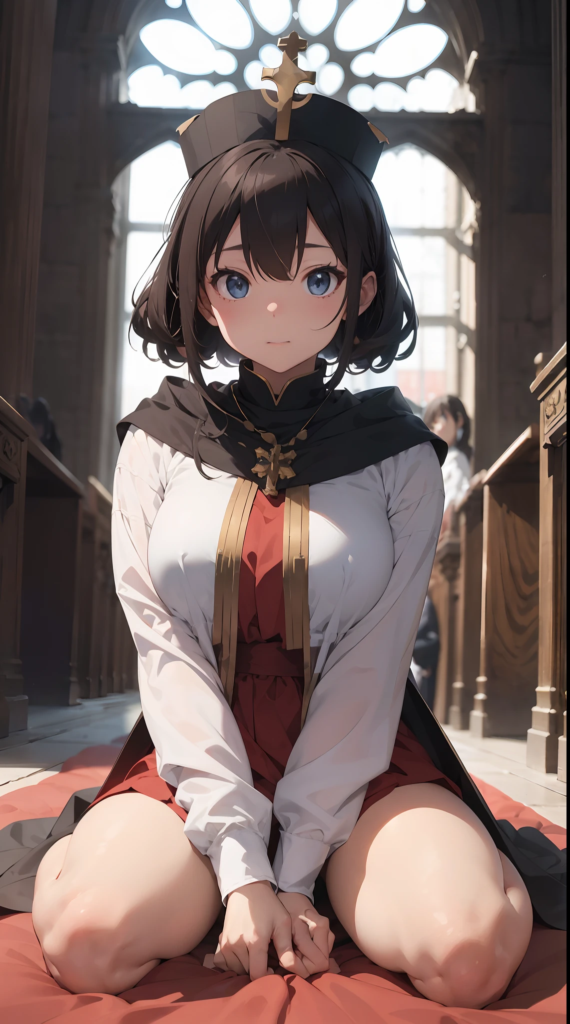 The young Queen Elizabeth of the British Empire is wearing a robe décolleté and a shoulder shawl at Westminster Abbey for the crown ceremony.。She wears a white dress with a purple robe and shawl.、Her hair is golden curls。For her to express realistically、He is kneeling at the moment of receiving the crown from the priest.、Eyes are closed。The priest wears a white mithra in a red robe.、In his hands he holds a golden crown。In the background are the interiors of Westminster Abbey and other nobles and clergy.、You can feel the atmosphere that respects formality and tradition。(realisitic:1.5)(hightquality:1.2)(an oil painting:1.0)