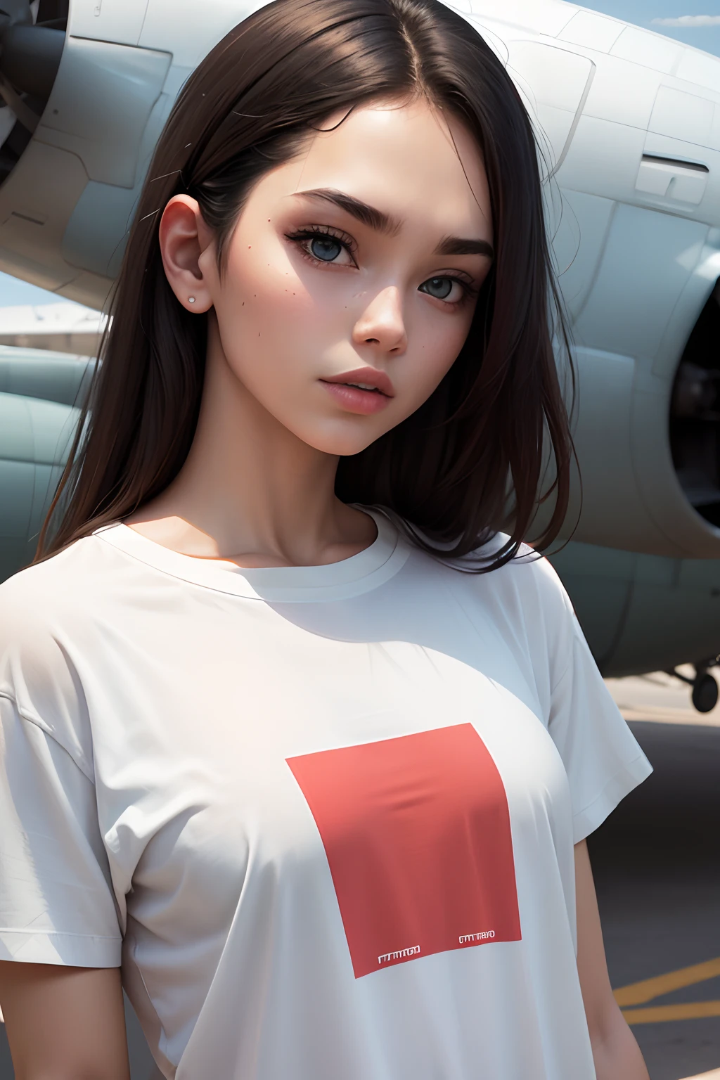 t-shirt mock-up, model wearing plane white t-shirt, close up