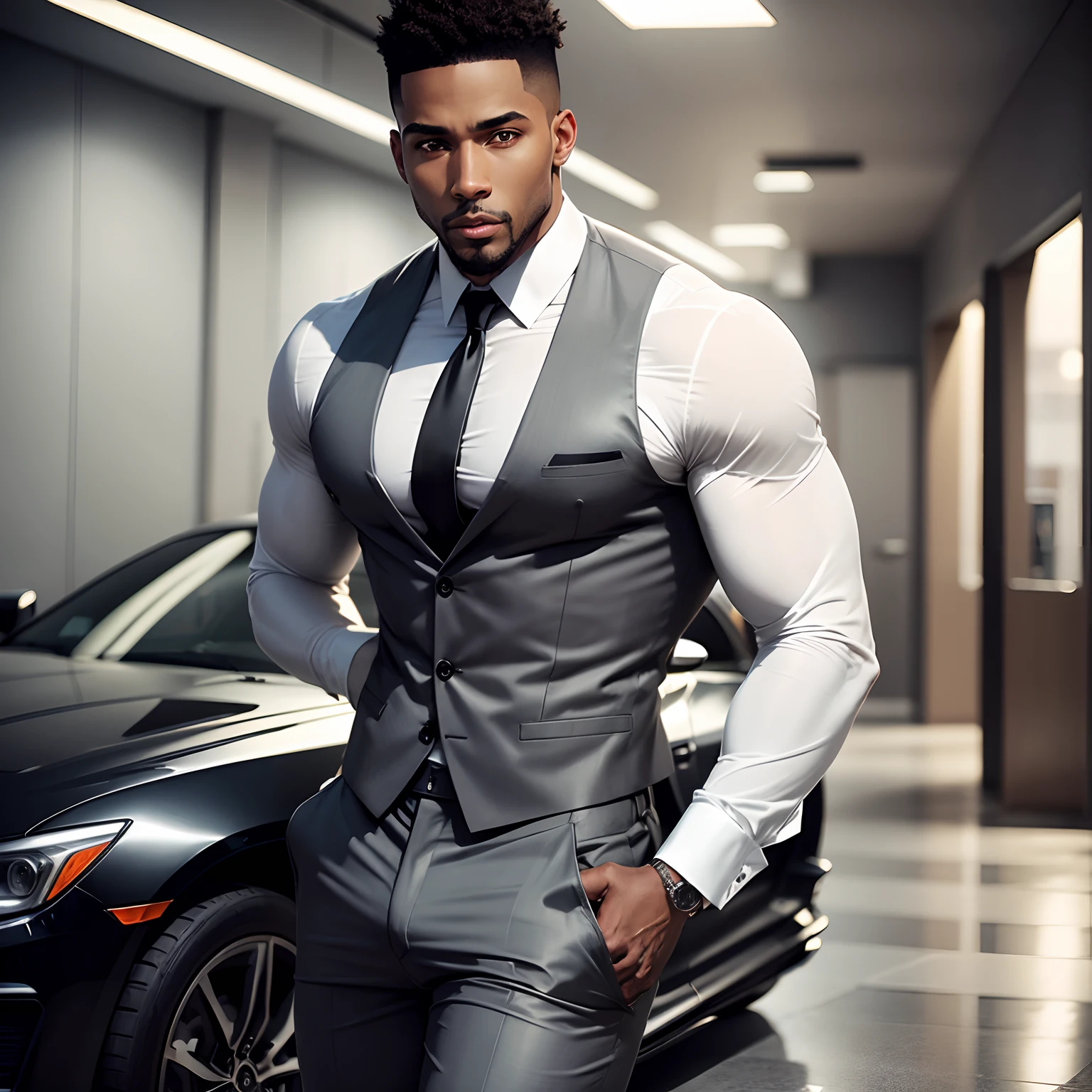Sexy black man in gray and shirtless dress pants. Fundo loja de carros.