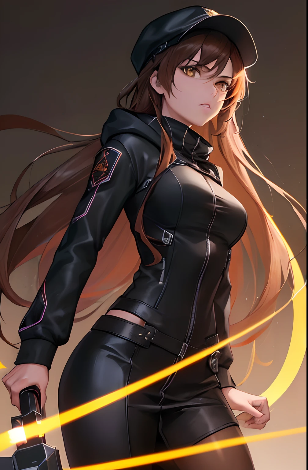 kk, best quality, more details, masterpiece, 1 girl, female focus, solo, An assassin woman in a black hooded suit, wear a cap, brown background, orange eyes, long hair, shirt, brown hair, looking at viewer, luxurious, 8k, detailed, ray tracing, depth of field, cinematic lighting, Simple yellow lines, simplified.