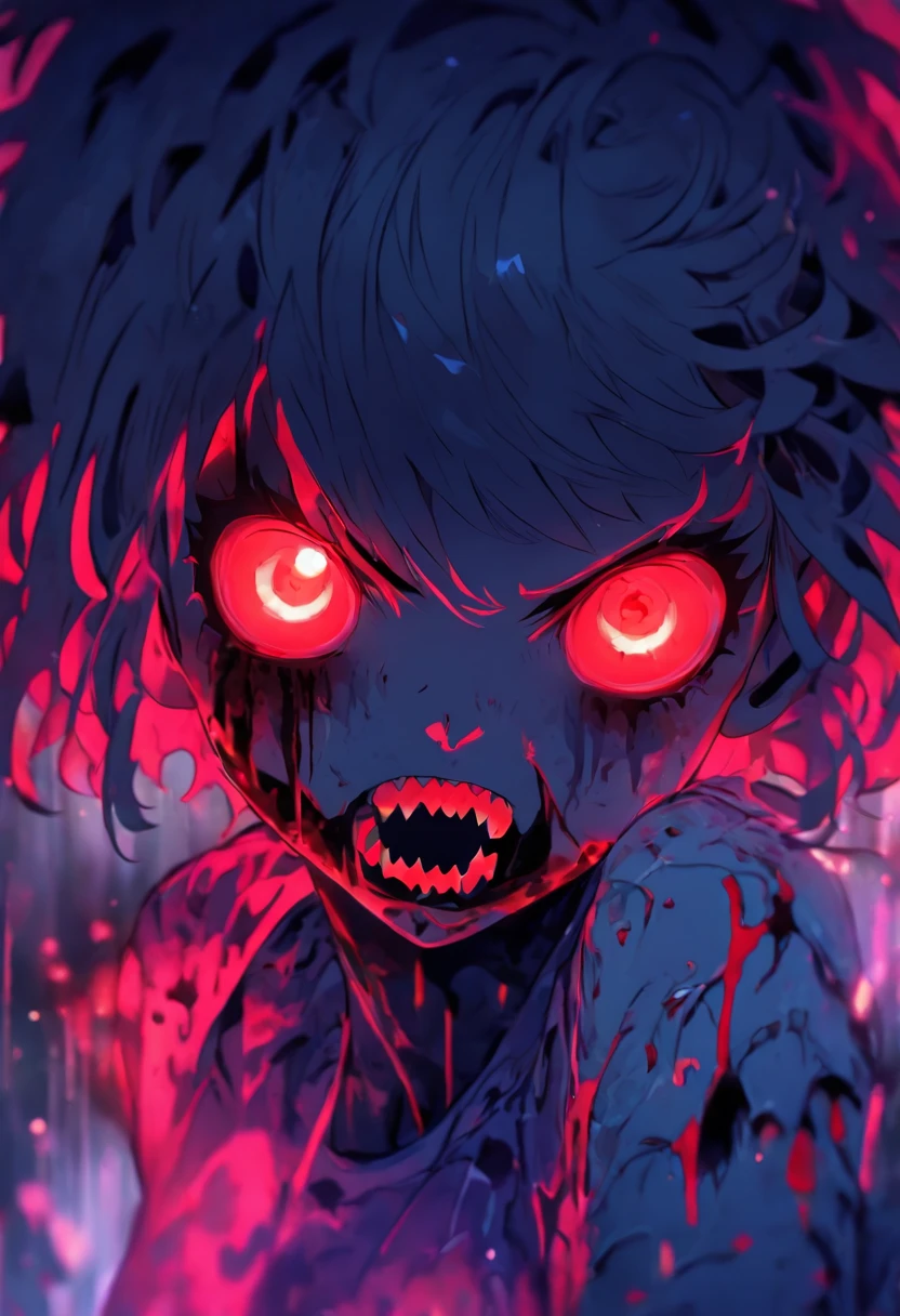 zombie girl, black hair, red eyes, short hair, translucent skin, manga art.