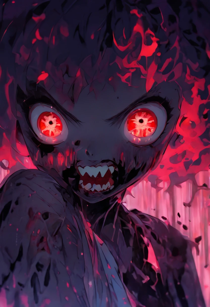 zombie girl, black hair, red eyes, short hair, translucent skin, manga art.