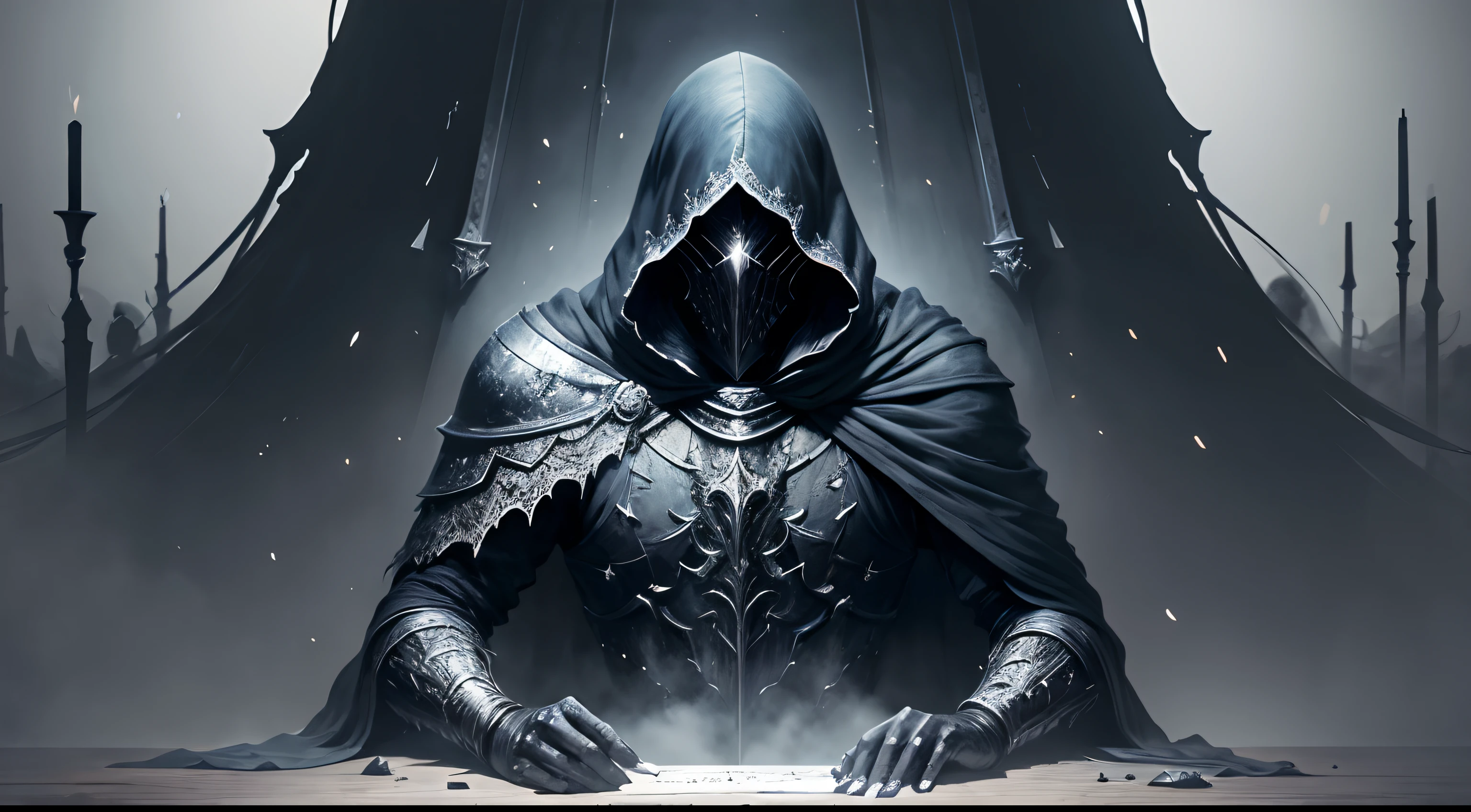 a painting of a man with a hood holding his head, Estilo de Arte Dark Souls, conceito de alma escura, arte conceitual dark soul, arte escura altamente detalhada, Arte de Dark Souls, Arte digital escura, mas detalhada, arte detalhada assustadora em cores, no estilo de dark souls 3, ARTORIAS, arte detalhada da capa, Wraith com capuz escuro, just art for dark metal music